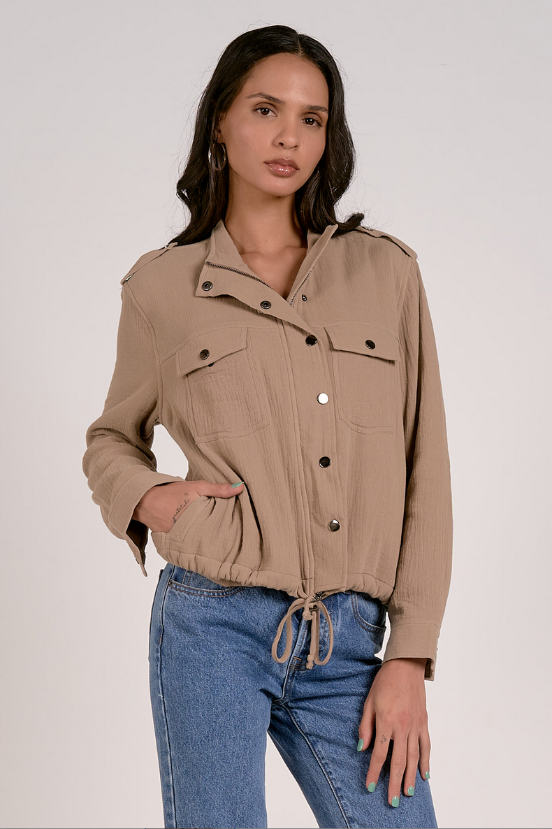 Khaki double gauze zip front jacket with drawstring waist on model