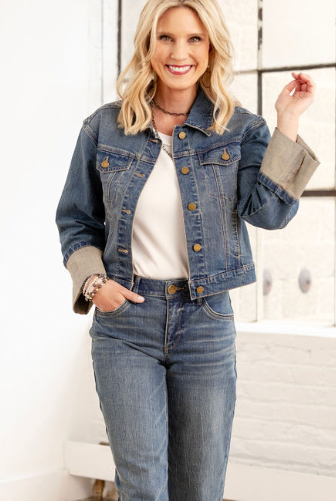 woman weaing Mac and Me Crop Fixed cuff jean jacket with fixed cuff denim jeans