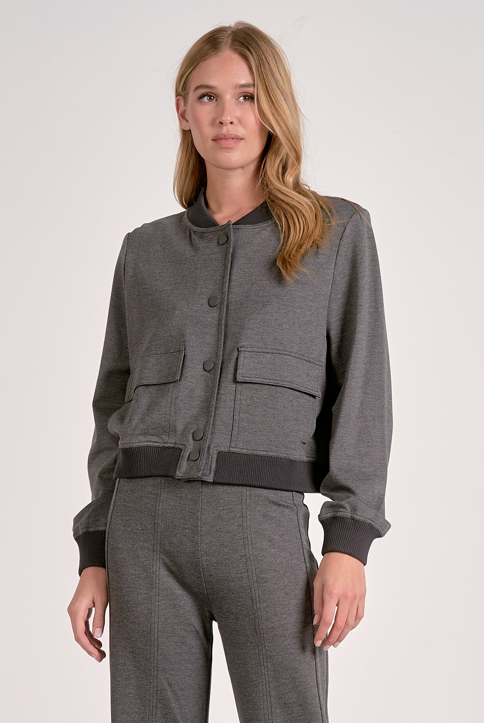 front view modern heather grey bomber jacket