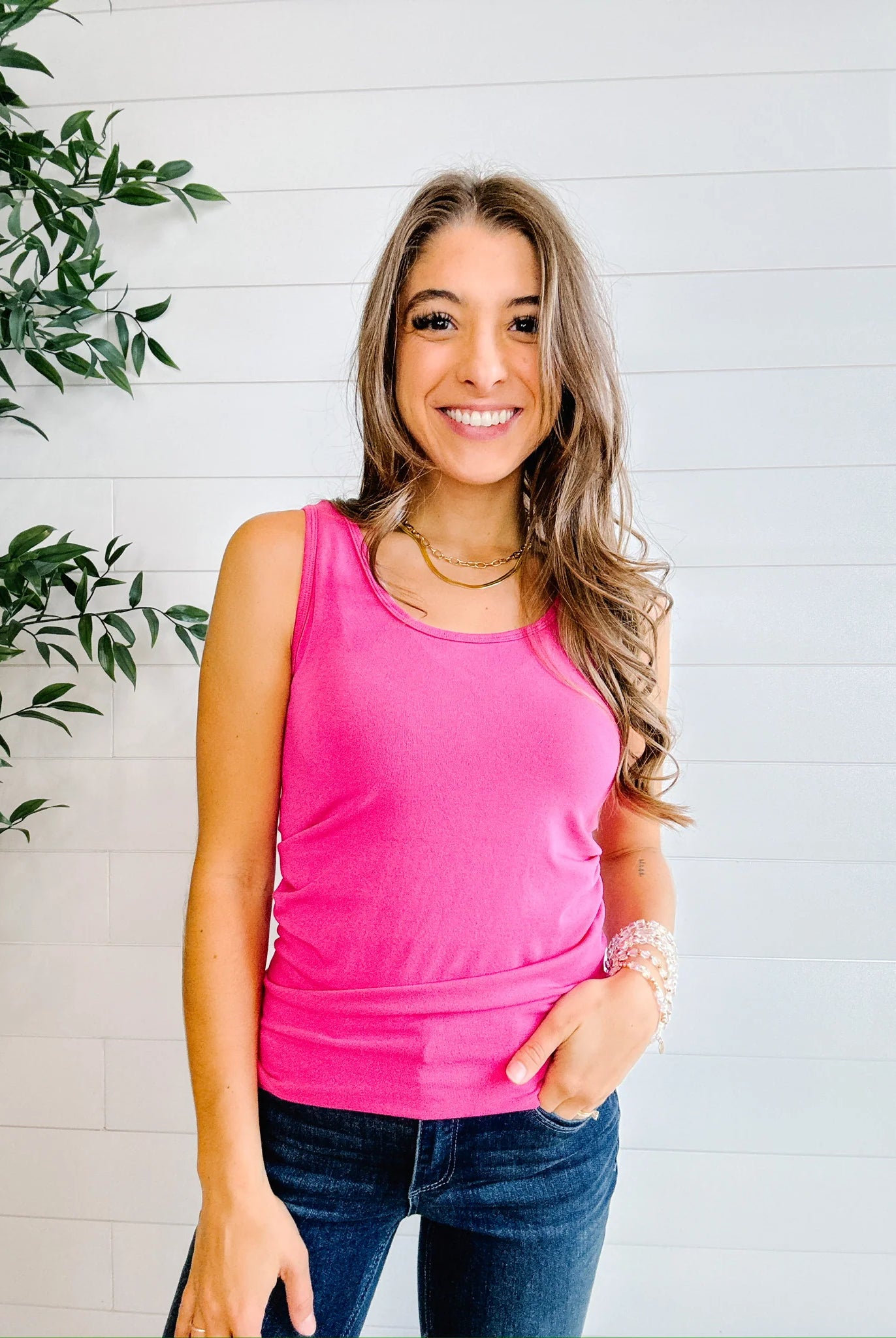 front of Mac and Me Essential Tank in Hot Pink — fitted sleeveless cotton blend top on model