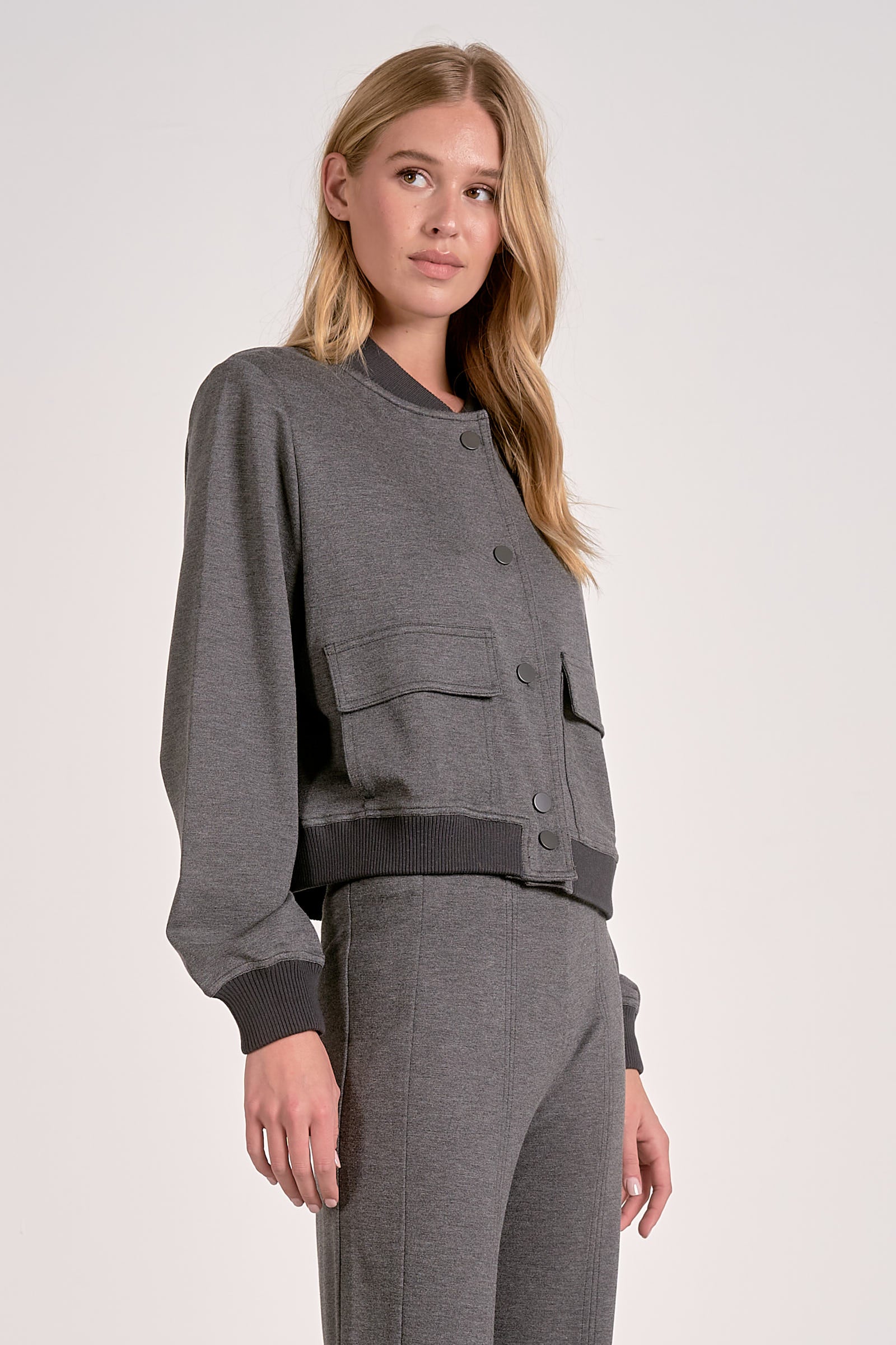 back view modern heather grey bomber jacket