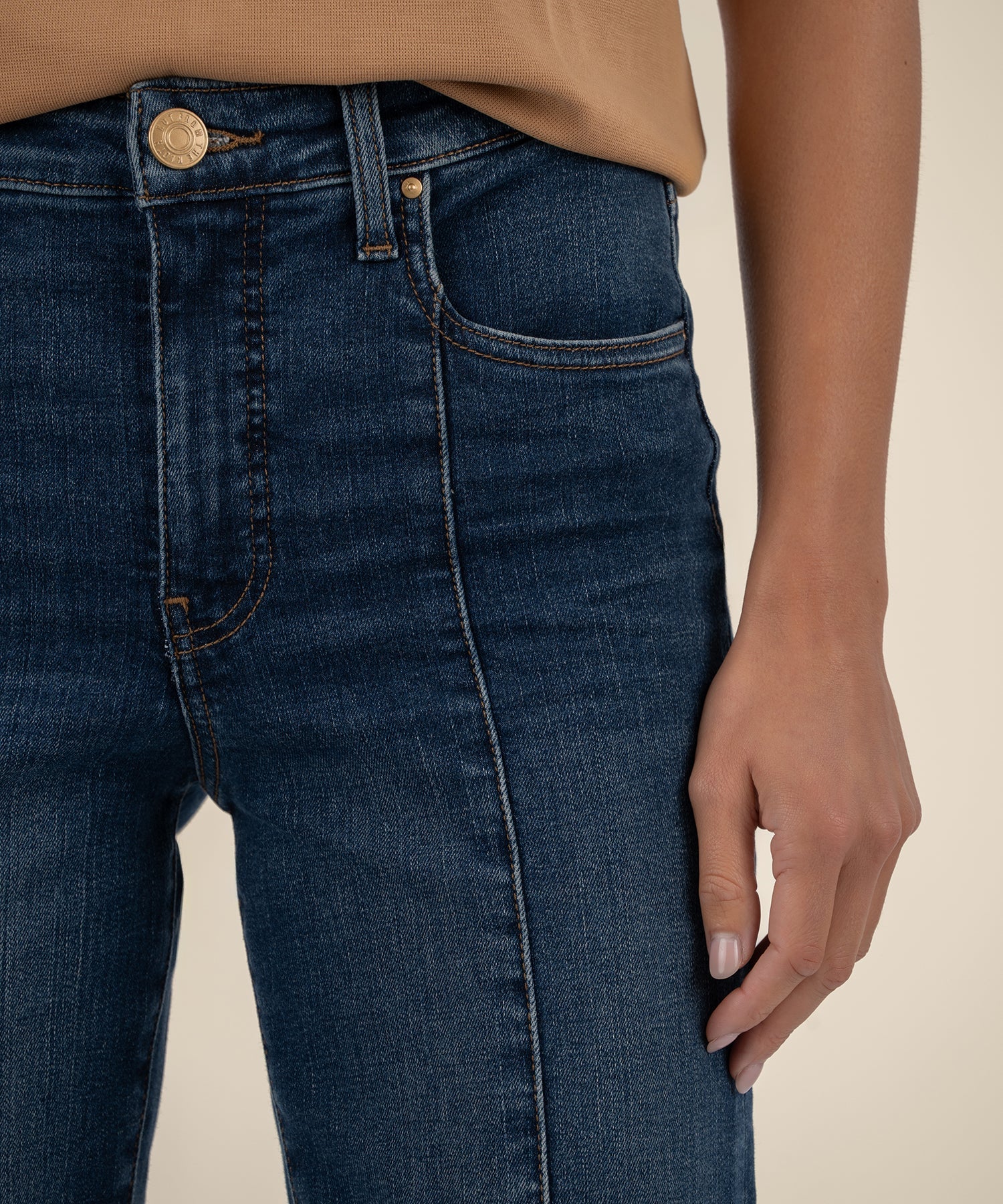 detail on the kelsey high rise fab able ankle wide denim with front seam