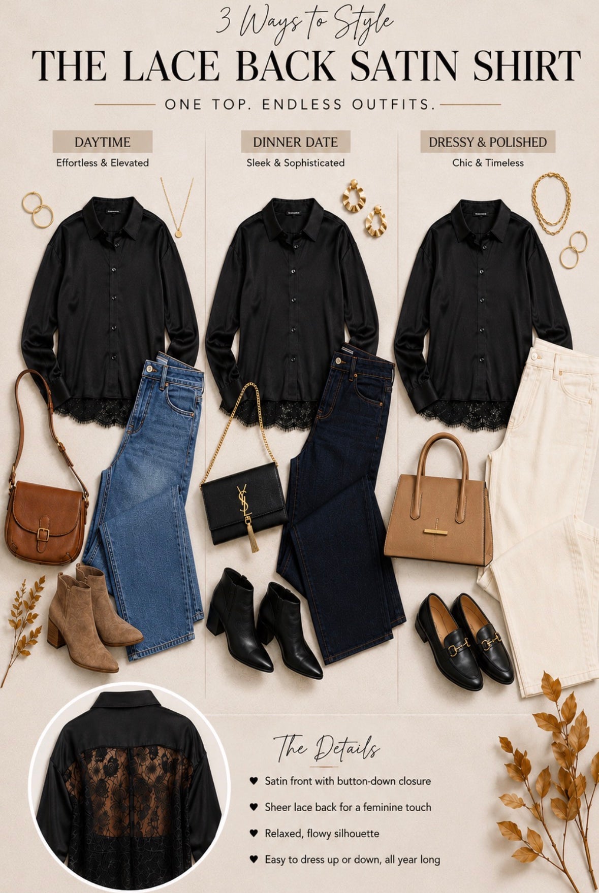 A styled flat-lay infographic titled '3 Ways to Style THE LACE BACK SATIN SHIRT' showing three outfit combinations: Daytime, Dinner Date, and Dressy & Polished. The main product is a black long-sleeve button-up shirt with a lace back, styled with jeans, boots, handbags, loafers, and cream pants.