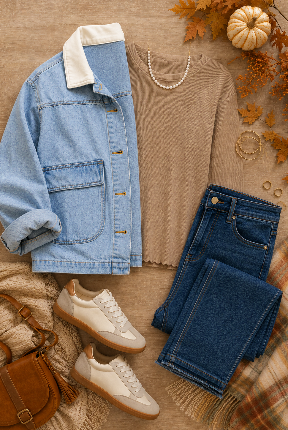 An autumn flat-lay outfit arrangement featuring a light blue denim jacket with a cream collar, a tan waffle knit top, dark blue jeans, white sneakers, a brown leather bag, a cream knit scarf, and fall foliage on a wood background.