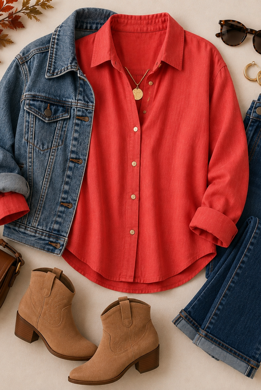 A styled flat-lay outfit on a light beige background featuring a coral red button-down shirt, a blue denim jacket, blue jeans, tan ankle boots, a brown crossbody bag, and sunglasses.