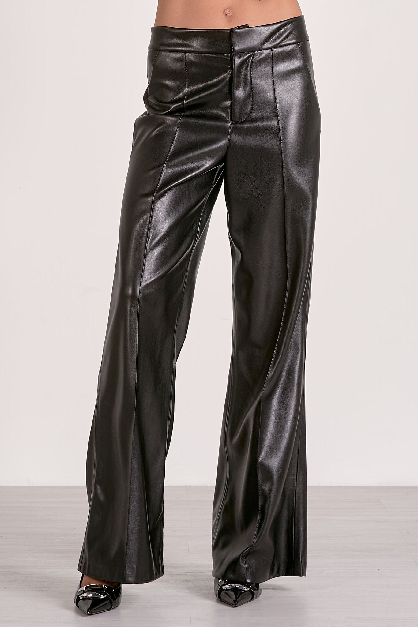 black faux leather wide leg pant front view