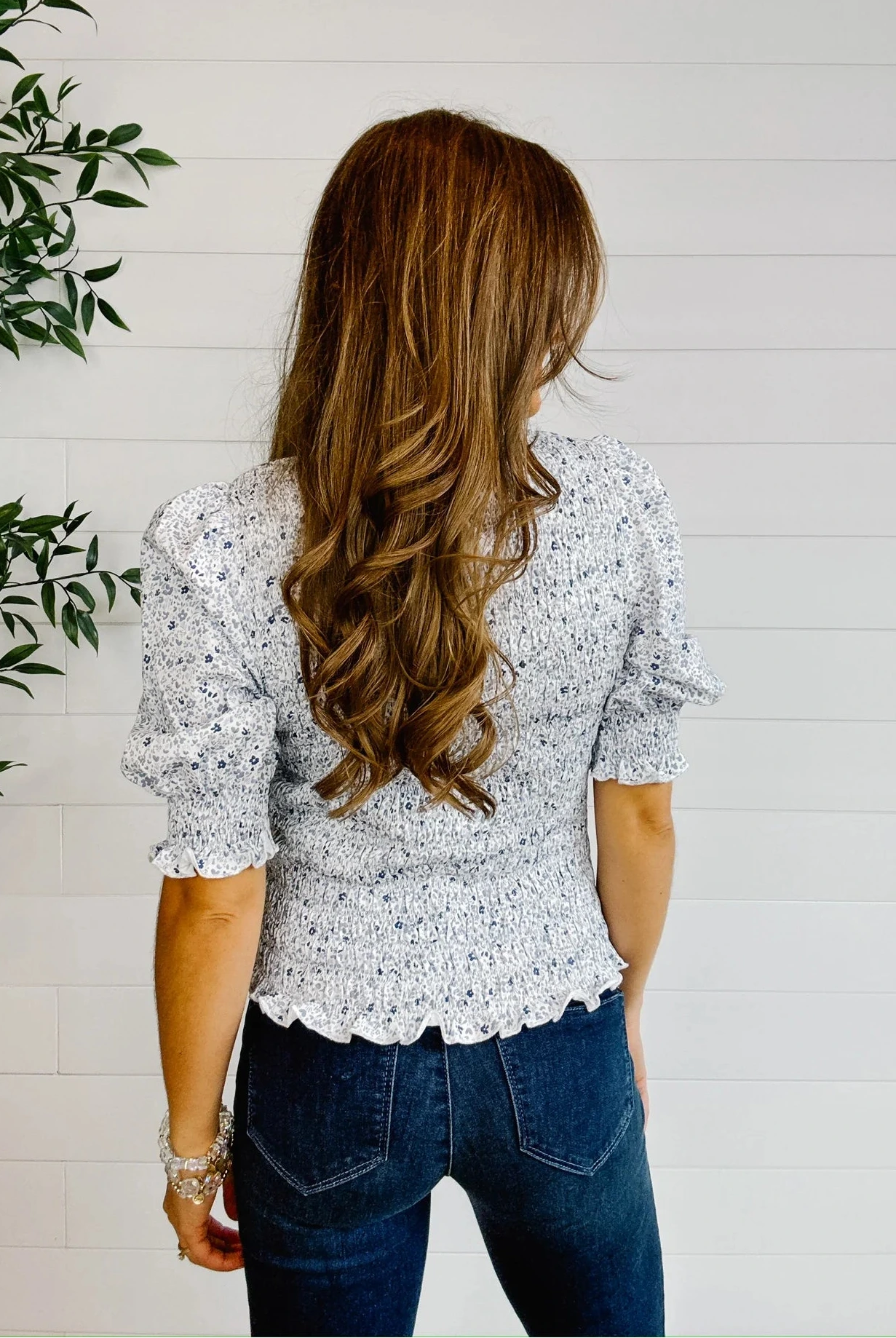 back of mac and me 3/4 sleeve smocked top