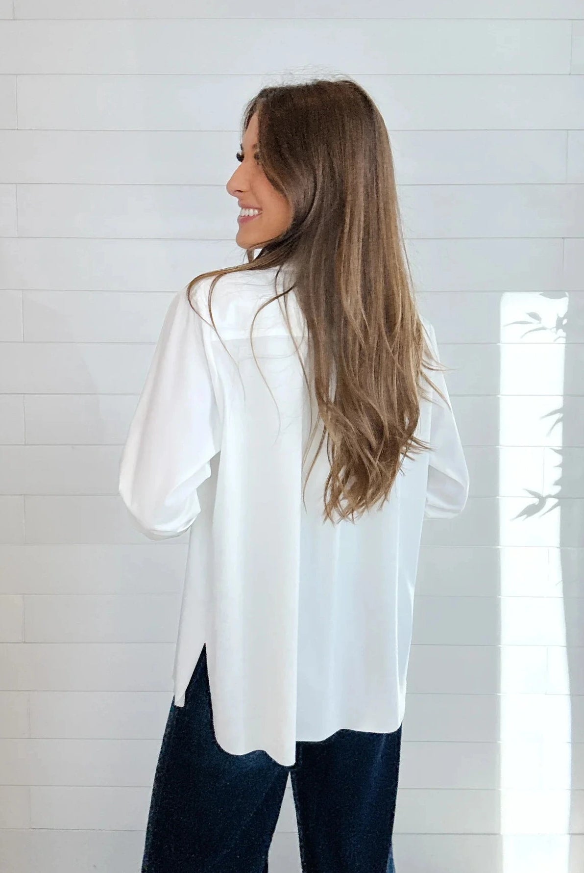 back view white blouse women relaxed fit versatile wardrobe staple