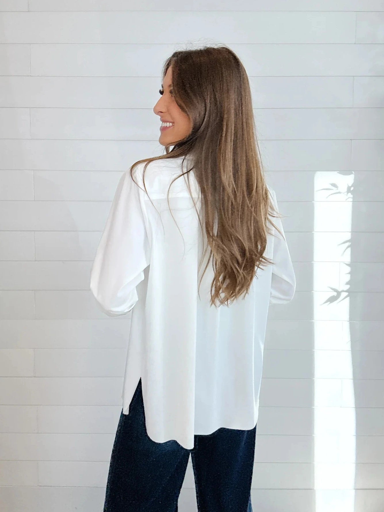 back view white blouse women relaxed fit versatile wardrobe staple