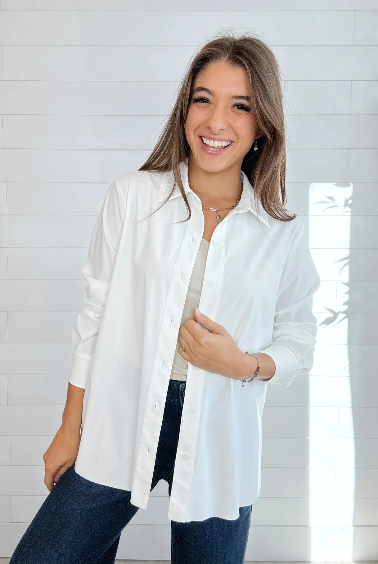 white button down styled open over tank casual outfit women