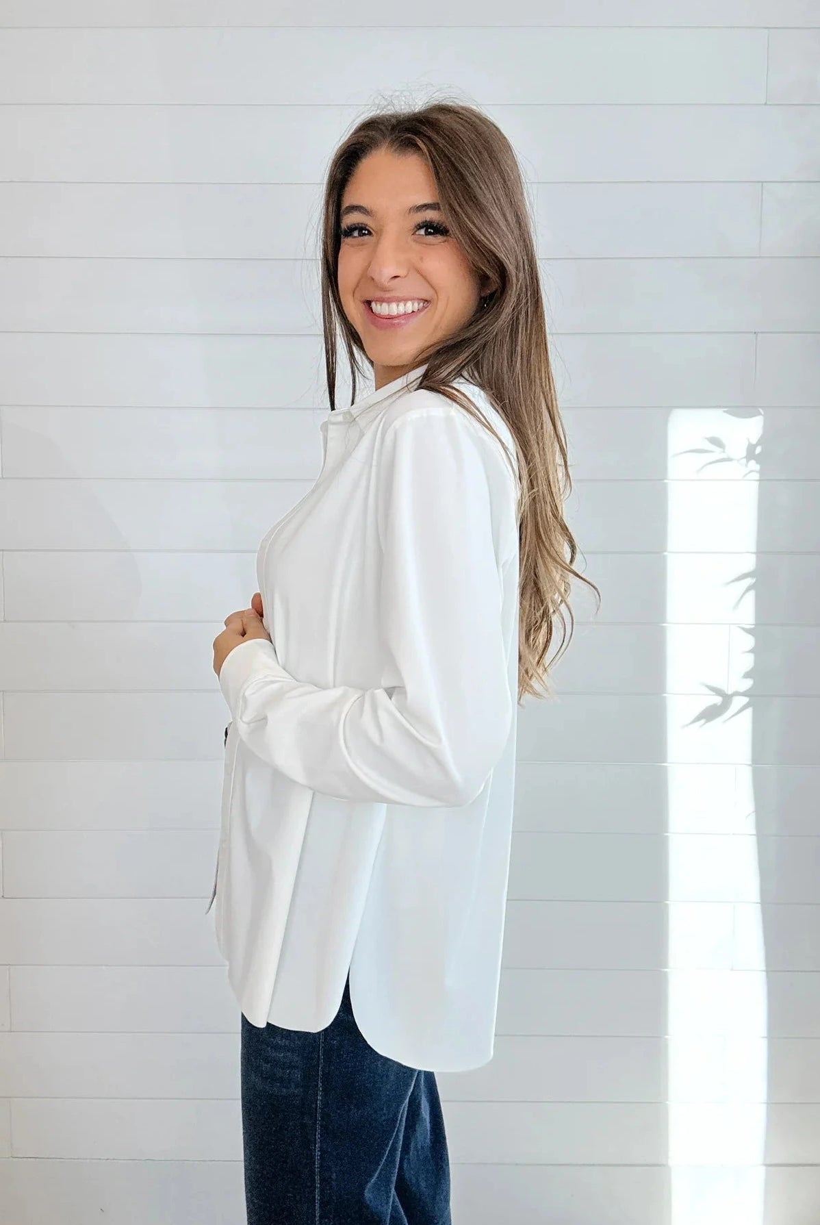 mac and me white blouse side view easy tuck detail long sleeve shirt