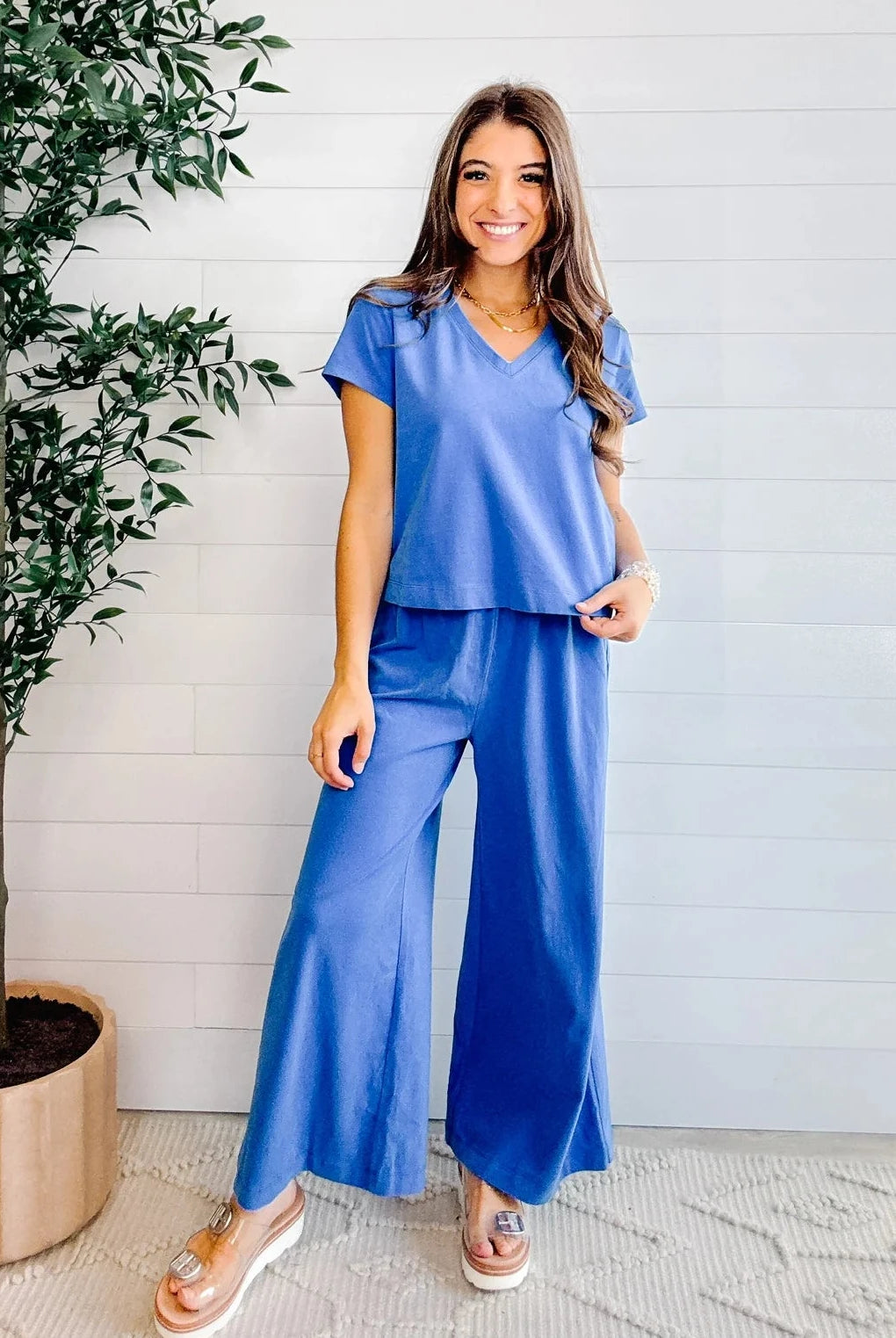 full view of the cozy pant in blue with matching v-neck top