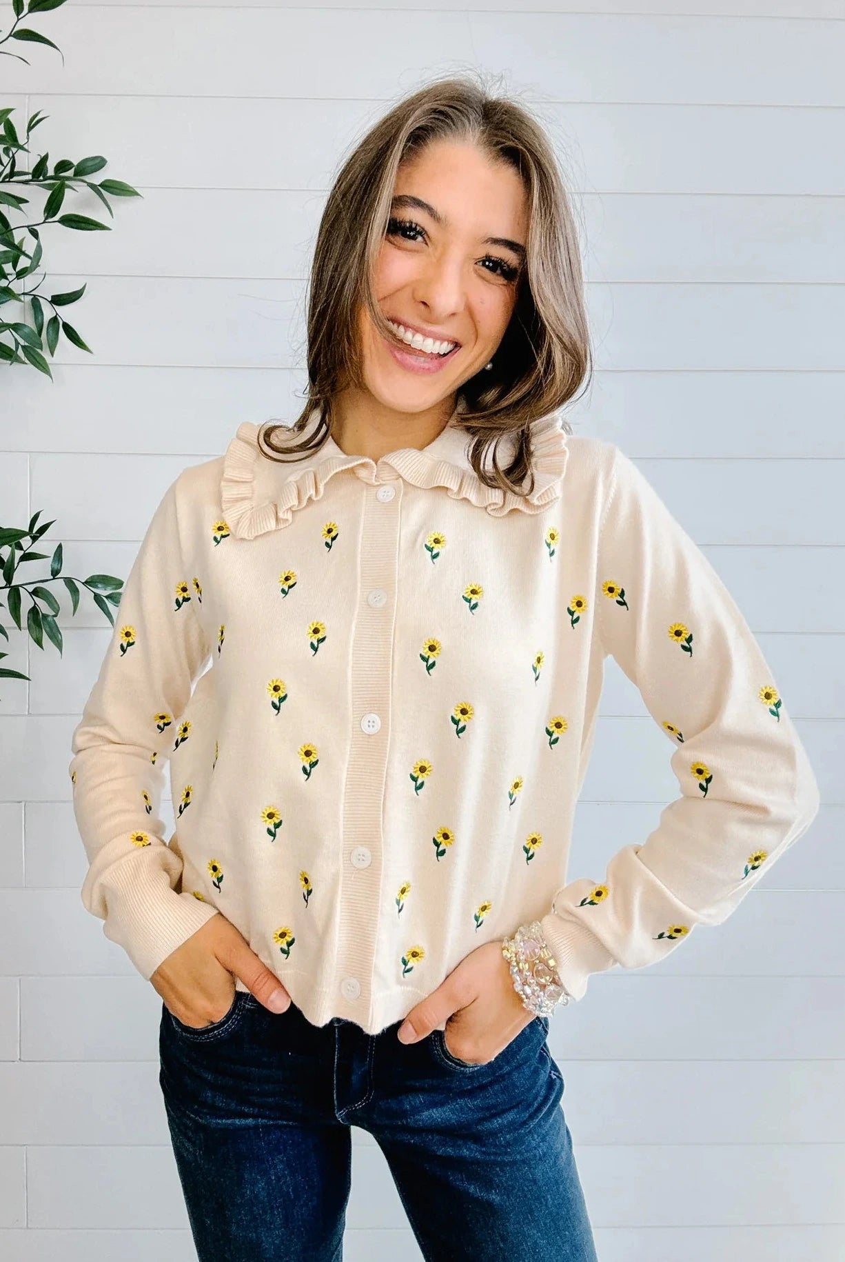 Mac and Me cream embroidered sunflower sweater with ruffle collar front view