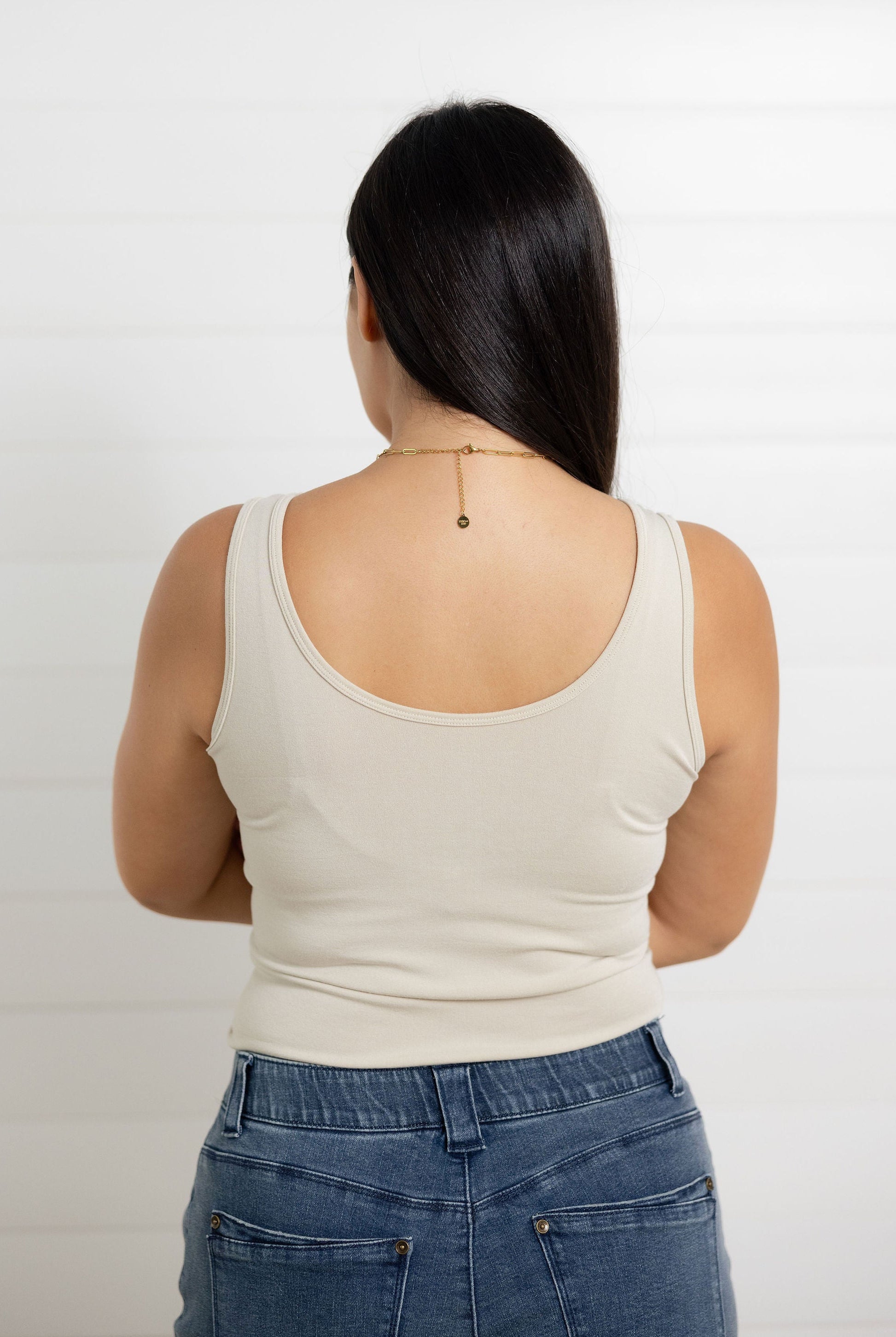 back of Mac and Me tan essential fitted tank