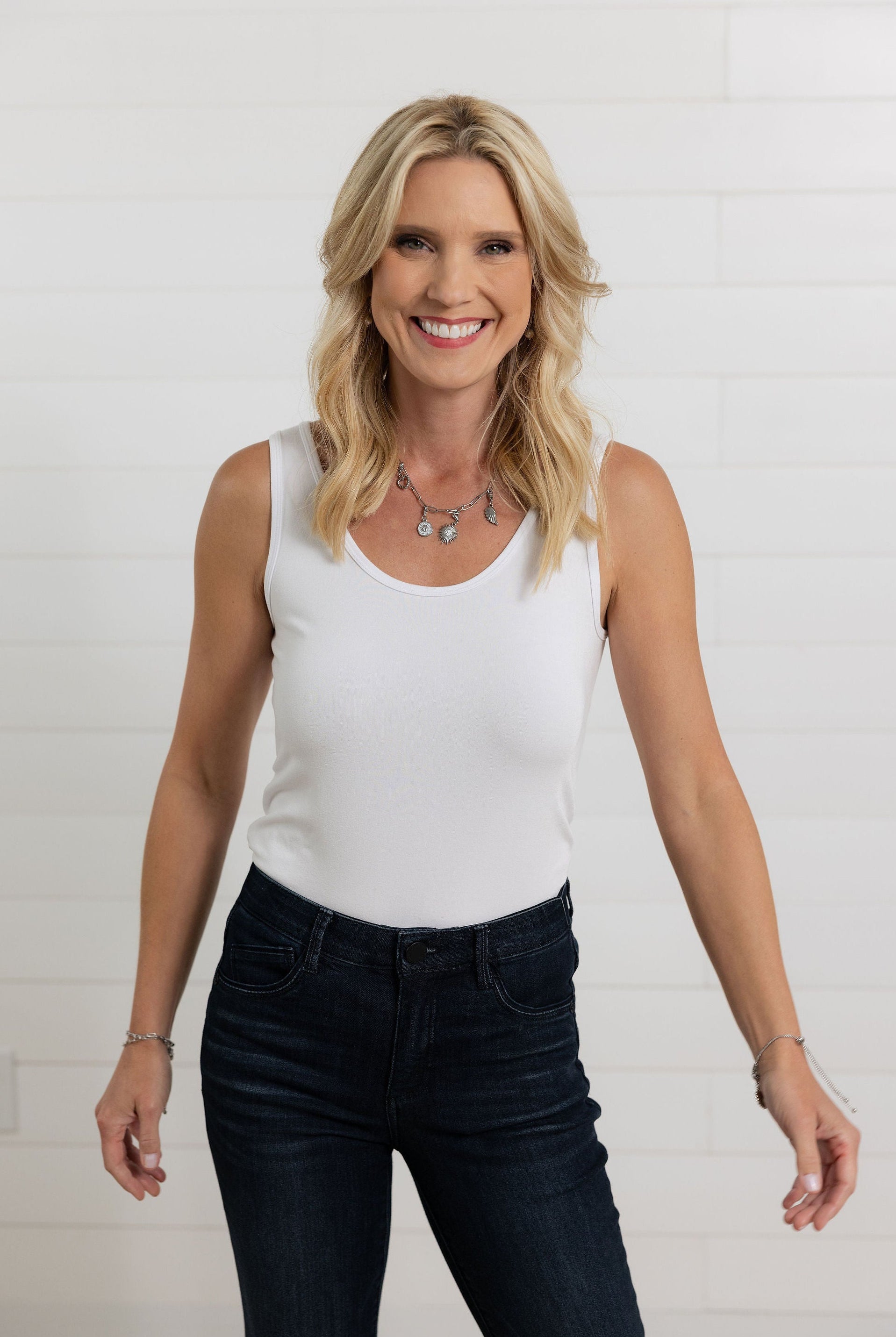 front of mac and me white essential tank showing the scoop neck side