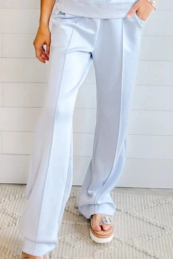 close up of the mac and me front seam detail pant in light blue