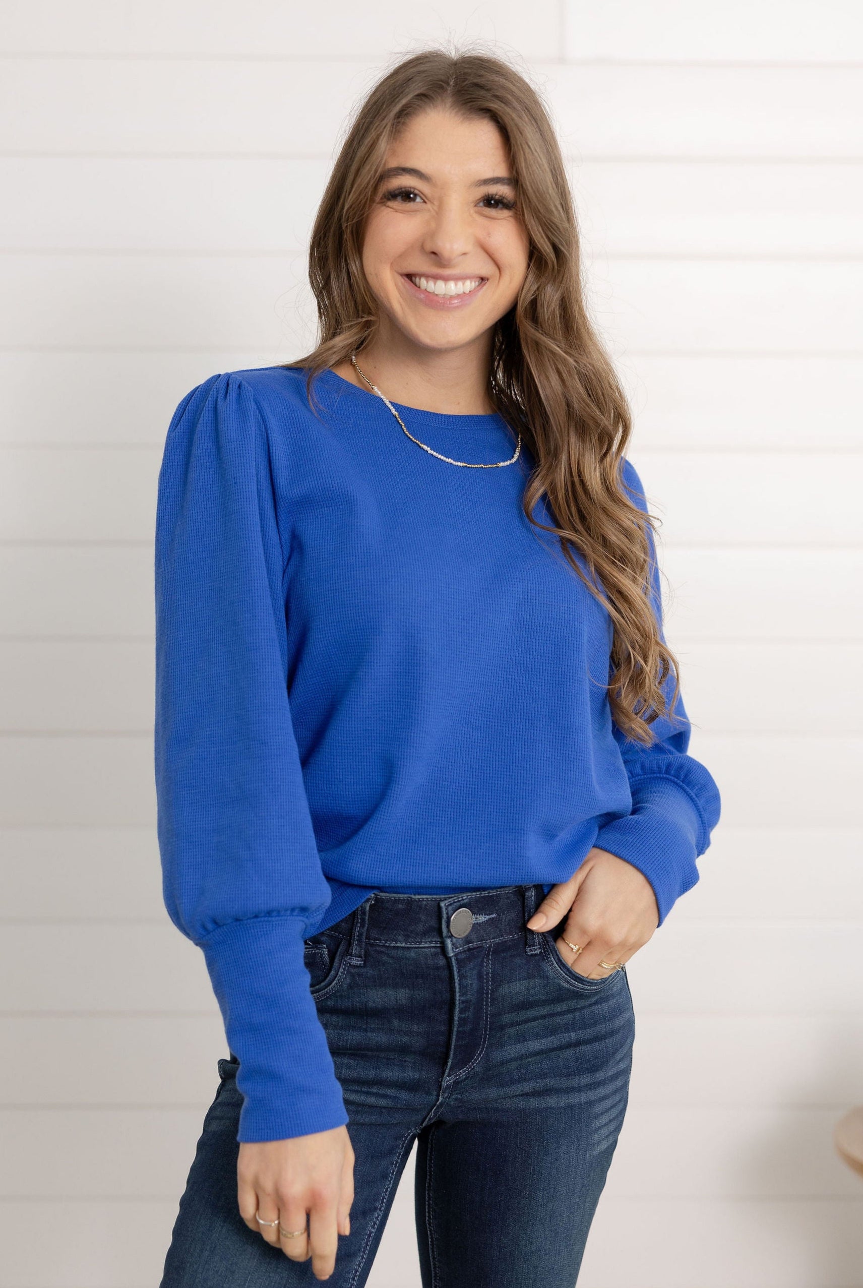 mac and me gathered shoulder top in mini waffle knit front view