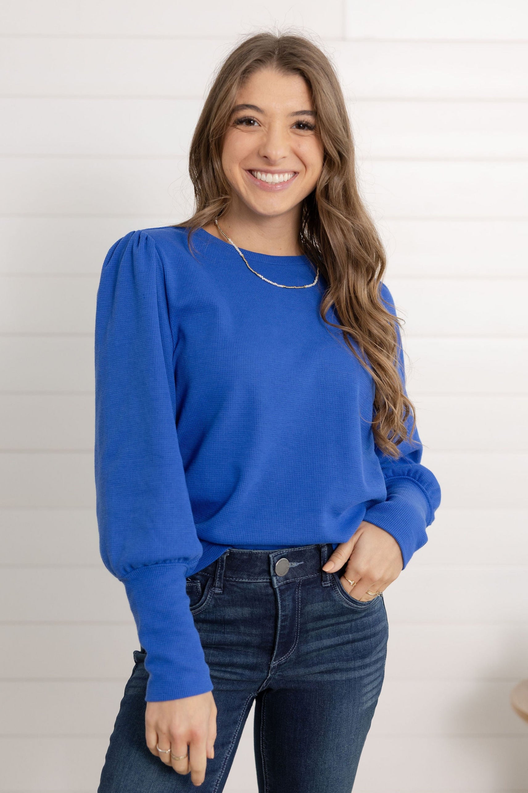 mac and me gathered shoulder top in mini waffle knit front view