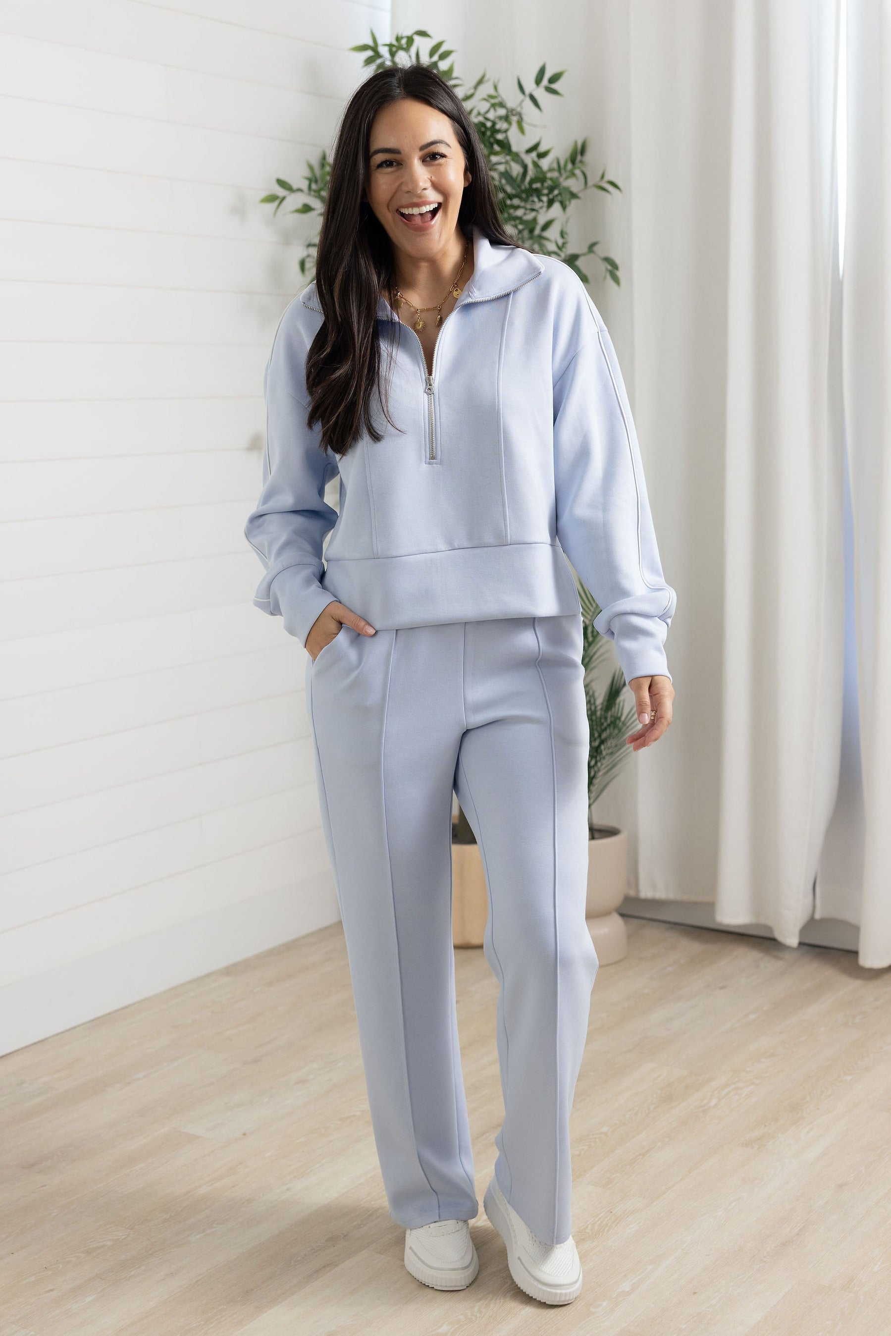 mac and me light blue pants pull on waistband wide leg front view