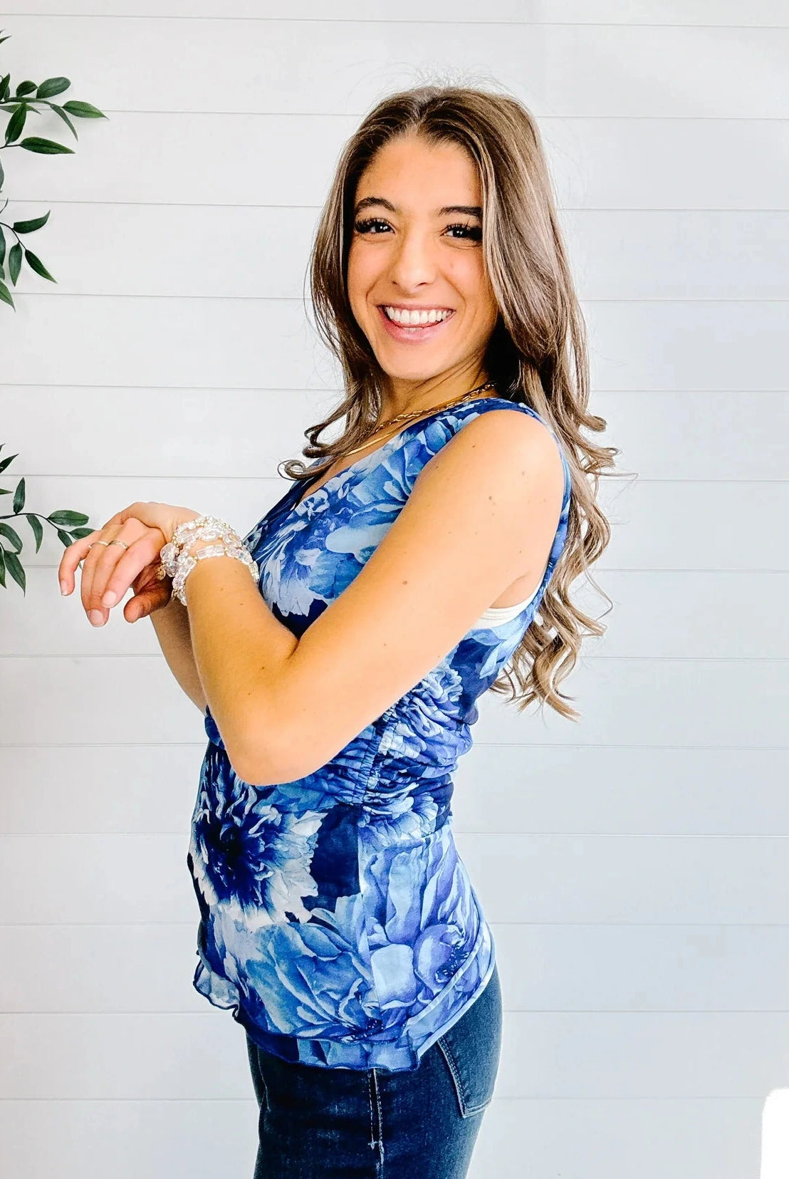 side view of the mac and me printed mesh scalloped edge top