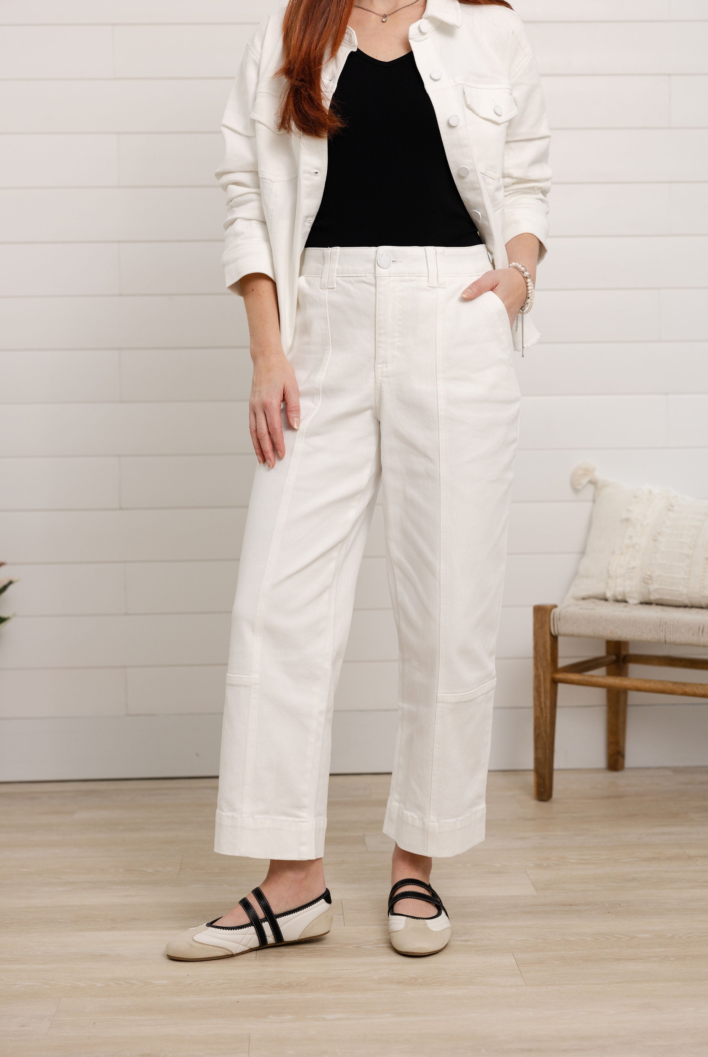 ac and Me optic white jeans showing relaxed fit and ankle length