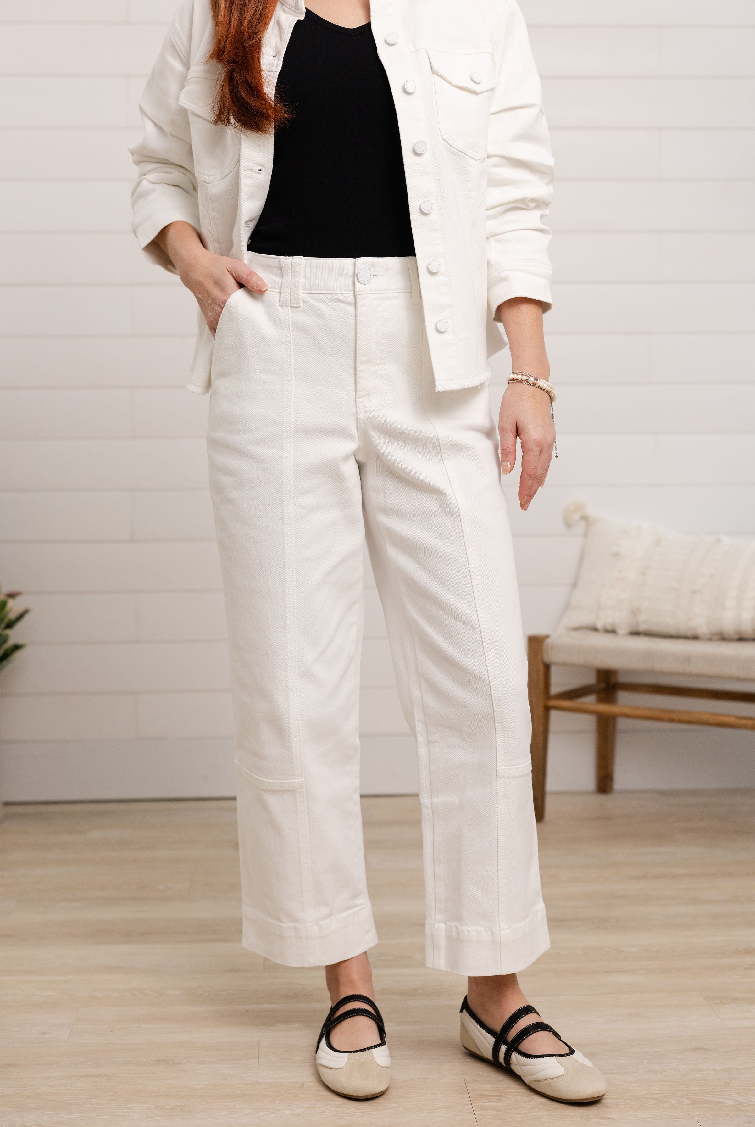 Mac and Me relaxed straight leg jeans in optic white, front view