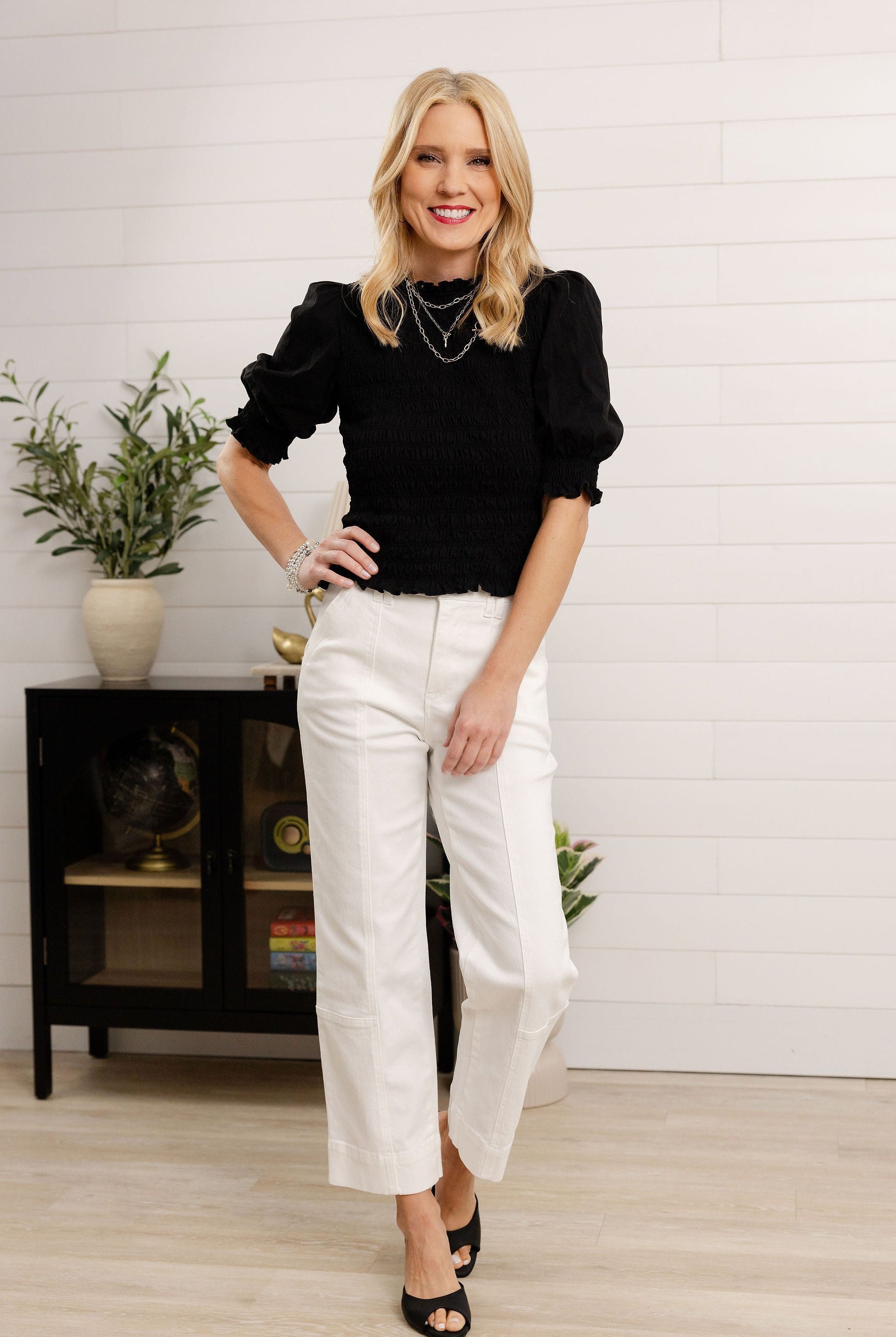 front outfit view of Mac and Me Relaxed Straight Leg Denim in optic white paired with Mac and Me black smocked top