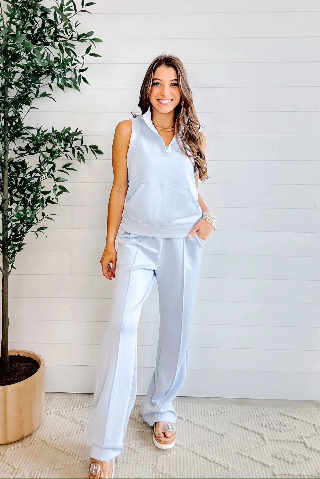 light blue athleisure set sleeveless top styled with matching pants