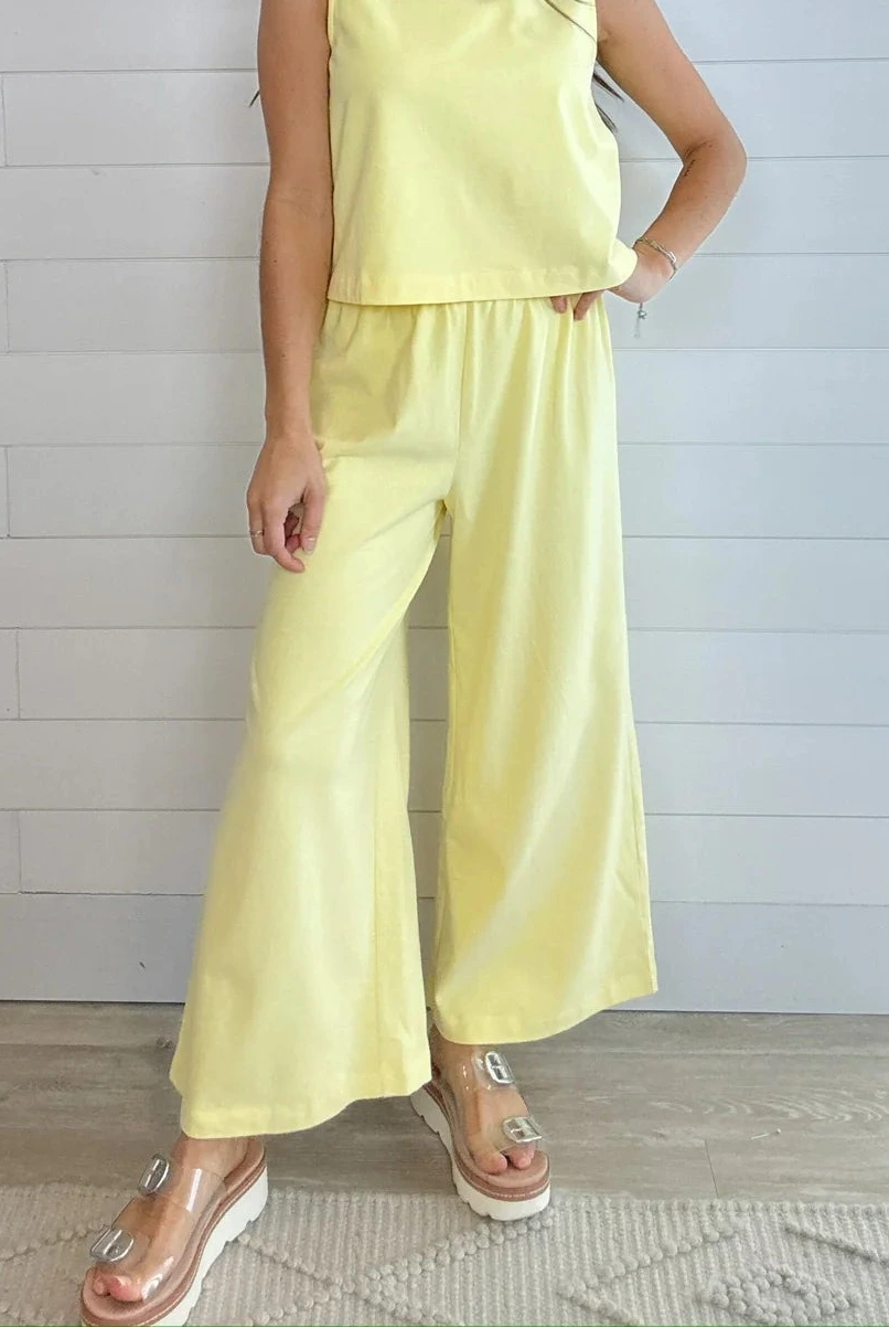 Mac and Me sunshine yellow wide leg cozy pants elastic waist on model