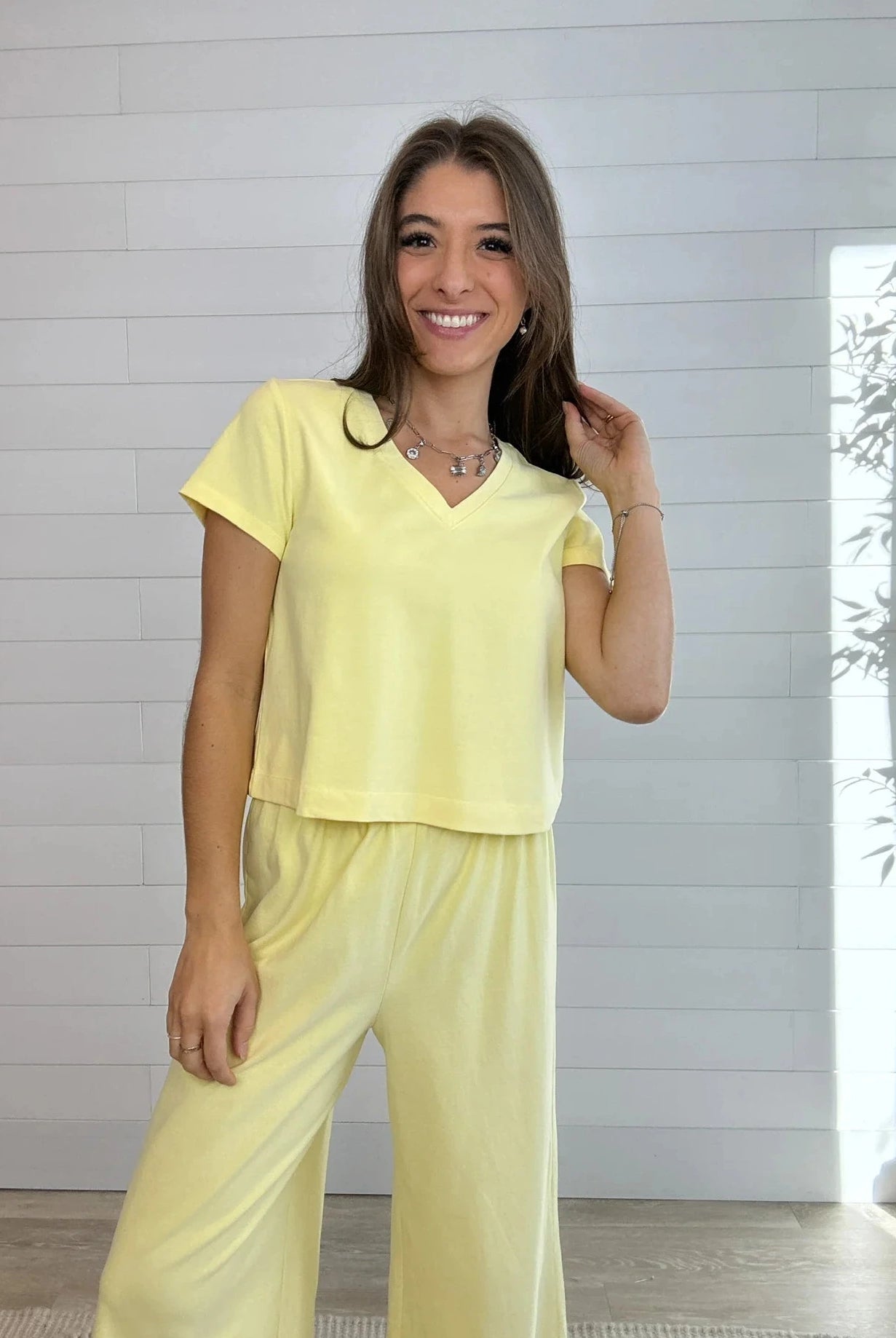 Mac and Me sunshine yellow v neck tee relaxed fit cotton top on model