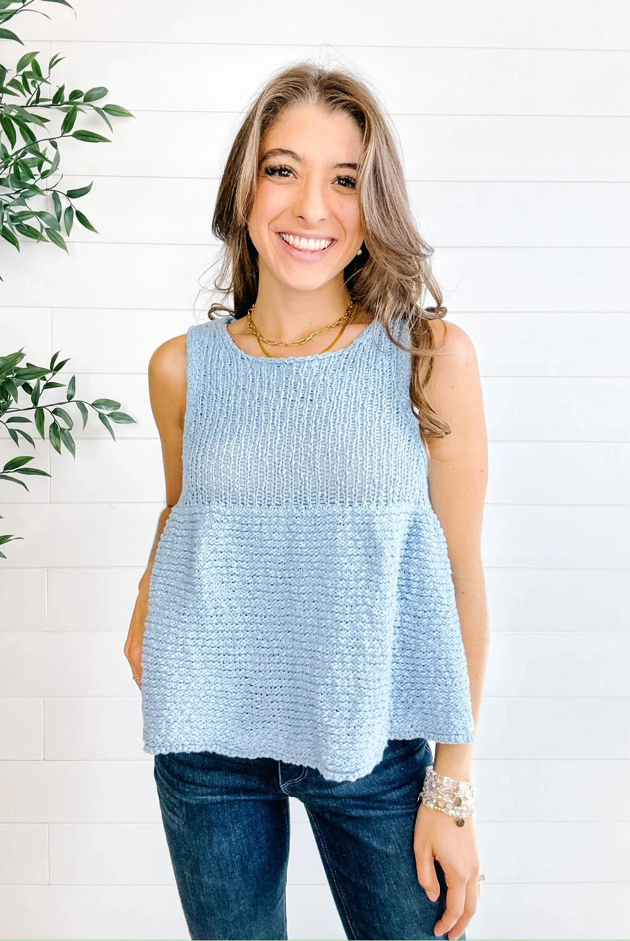 light blue swing knit sweater tank women sleeveless boutique top