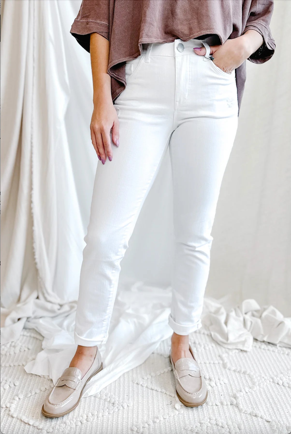 Woman wearing Mac and Me White Girlfriend Jeans, front view showing relaxed fit