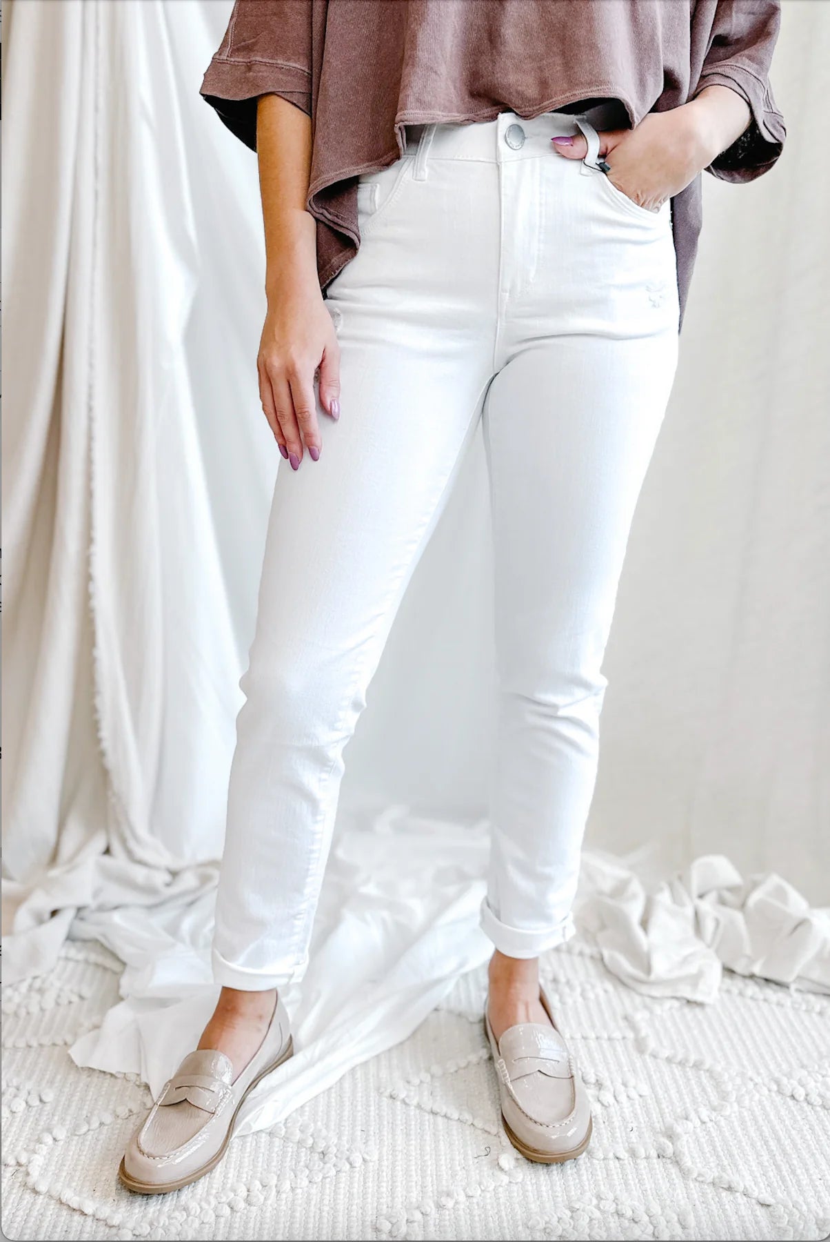 Woman wearing Mac and Me White Girlfriend Jeans, front view showing relaxed fit