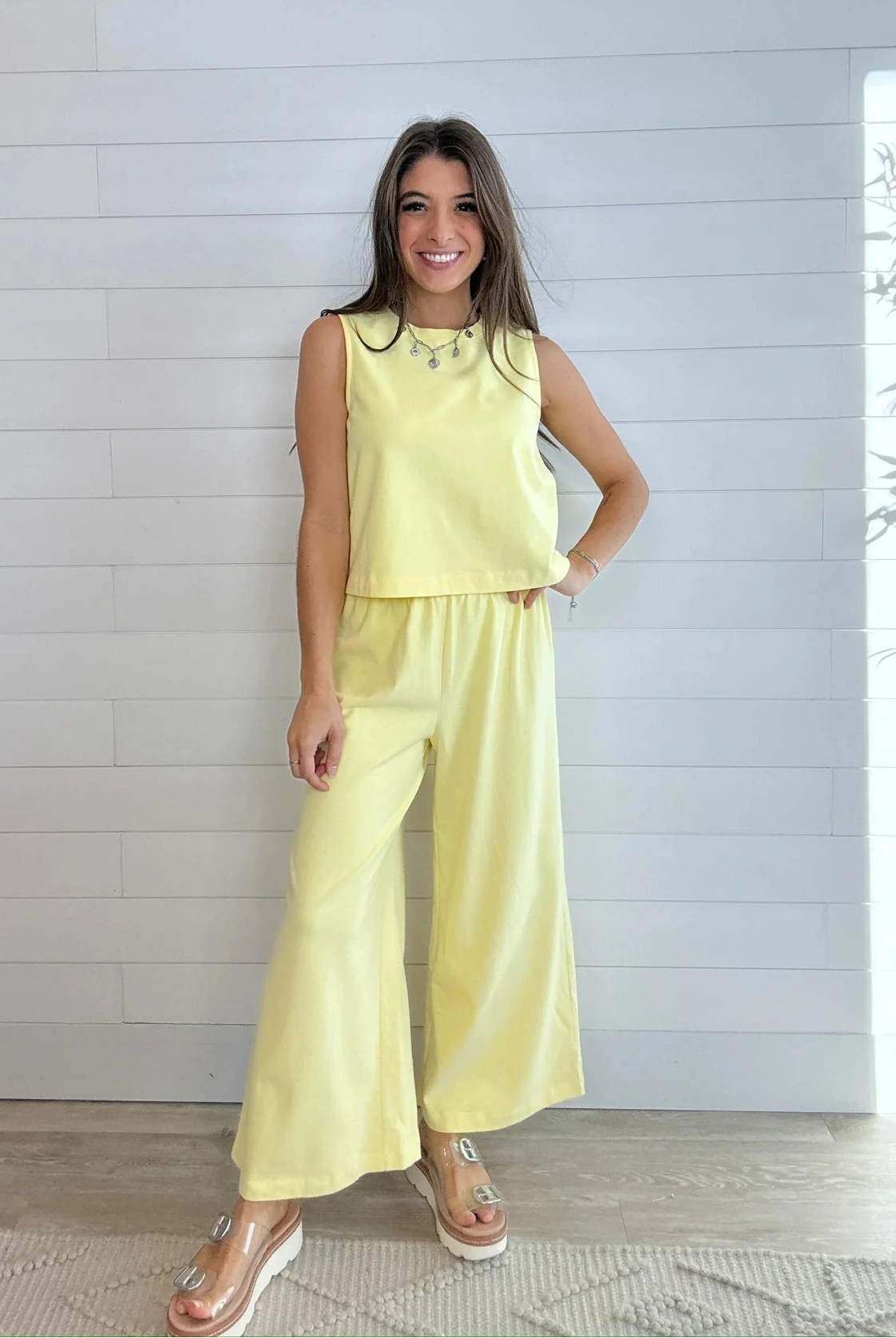 Mac and Me sunshine yellow cotton tank top sleeveless relaxed fit paired with the Cozy Pant in sunshine yellow.