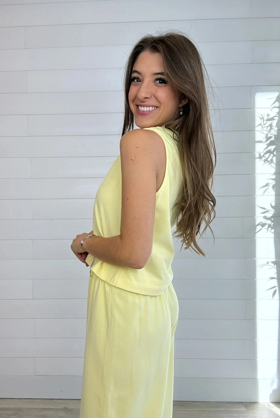 side of Mac and Me sunshine yellow cotton tank top sleeveless relaxed fit on model