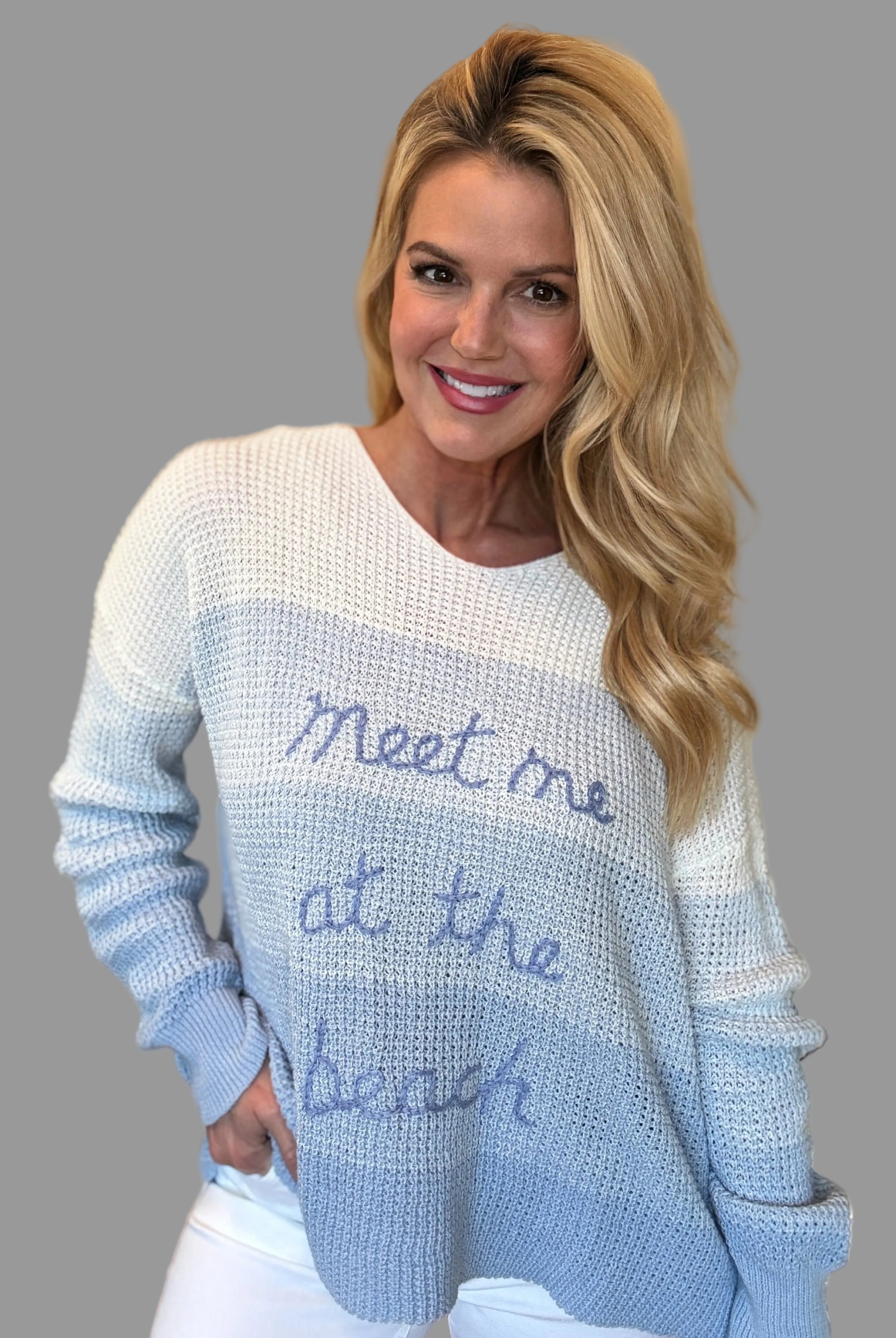 Dip dye blue and white sweater with 'Meet Me at the Beach' embroidery from Mainstream Boutique Bloomington