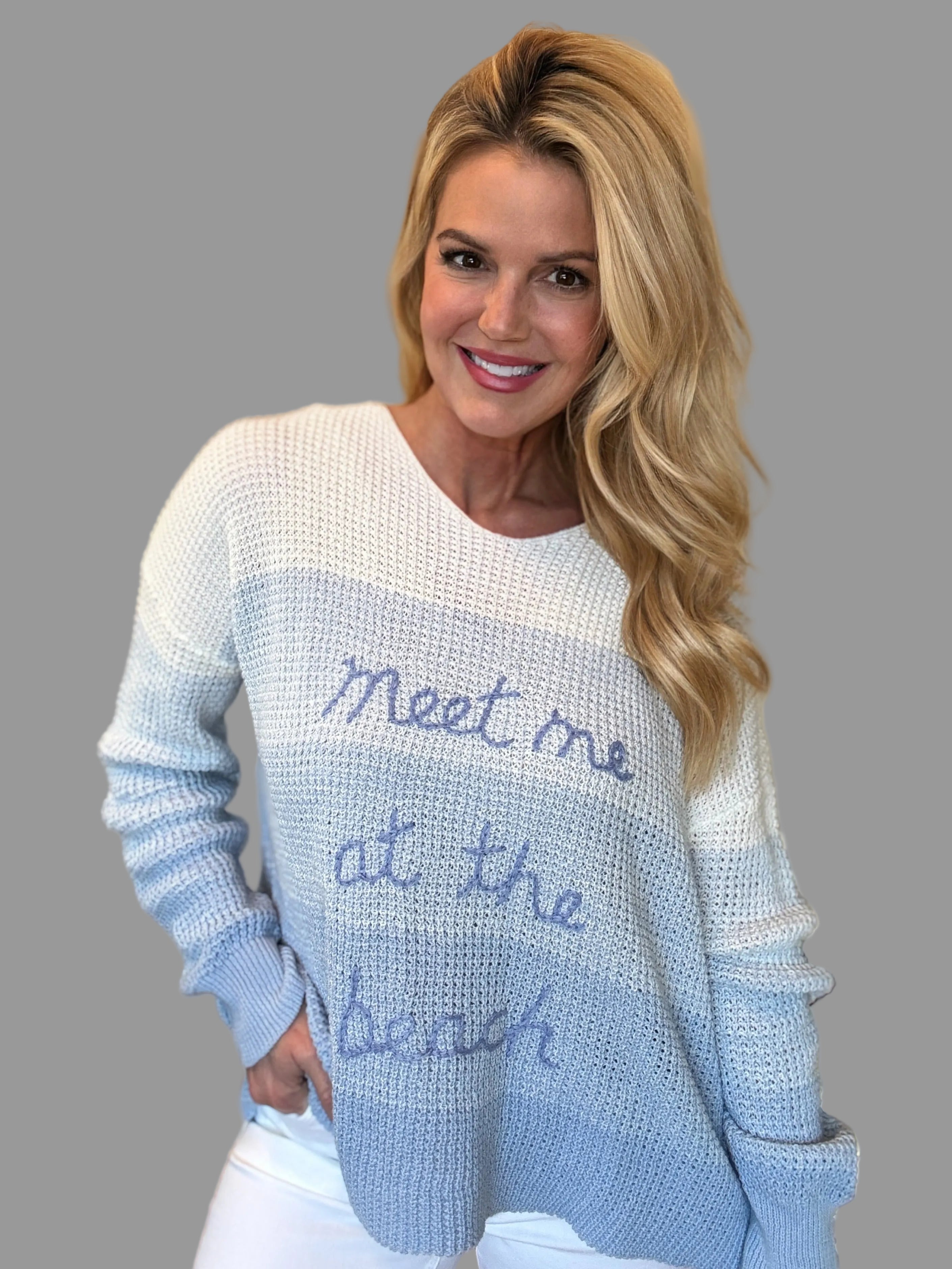 Dip dye blue and white sweater with 'Meet Me at the Beach' embroidery from Mainstream Boutique Bloomington