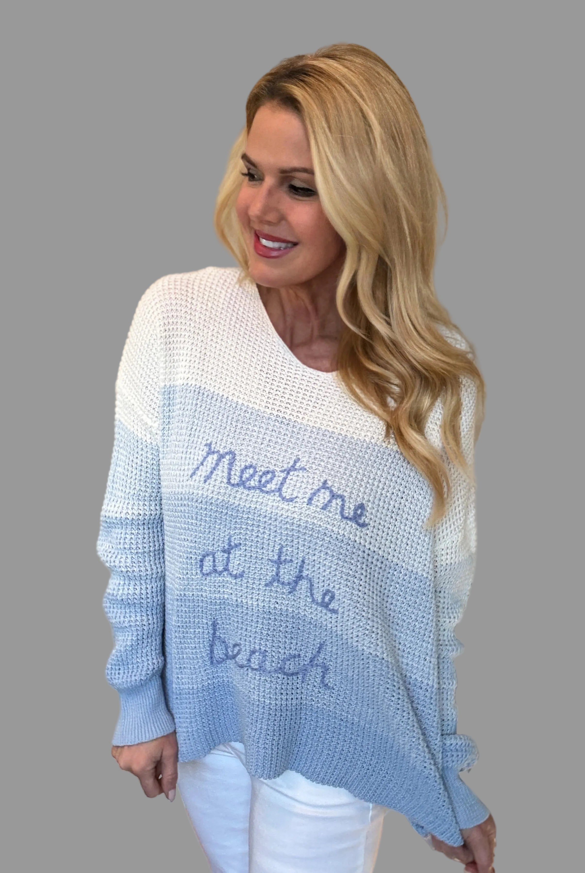 Dip dye blue and white sweater with 'Meet Me at the Beach' embroidery from Mainstream Boutique Bloomington