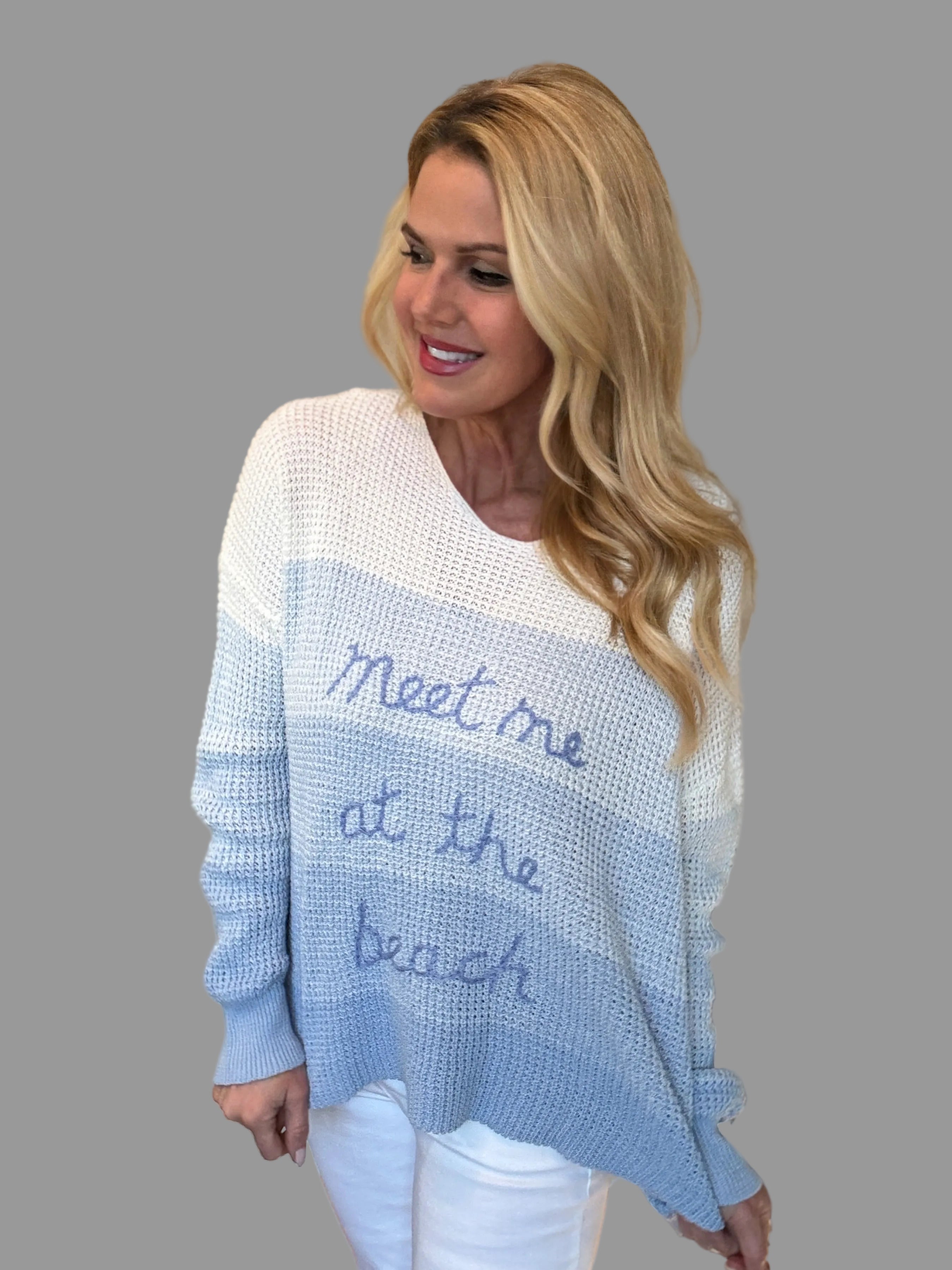 Dip dye blue and white sweater with 'Meet Me at the Beach' embroidery from Mainstream Boutique Bloomington