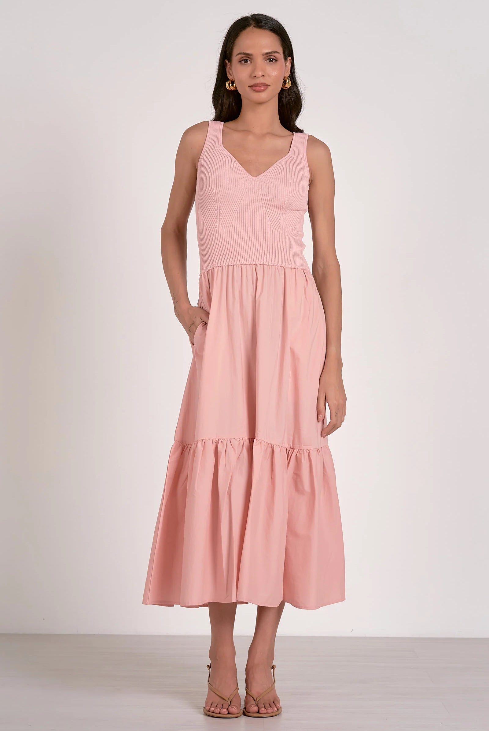 Blush ribbed knit mixed media midi dress with tiered skirt and pockets