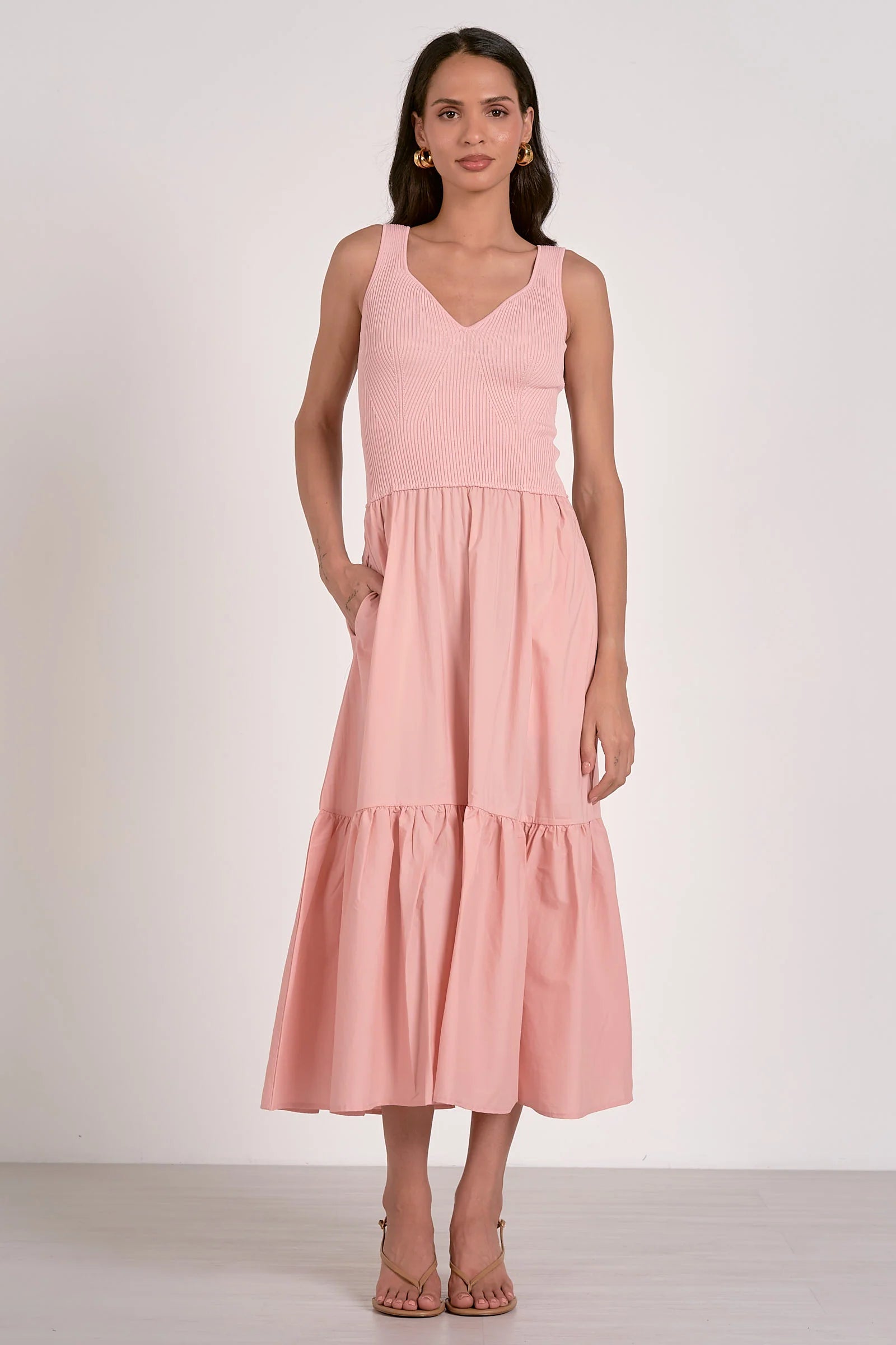 Blush ribbed knit mixed media midi dress with tiered skirt and pockets