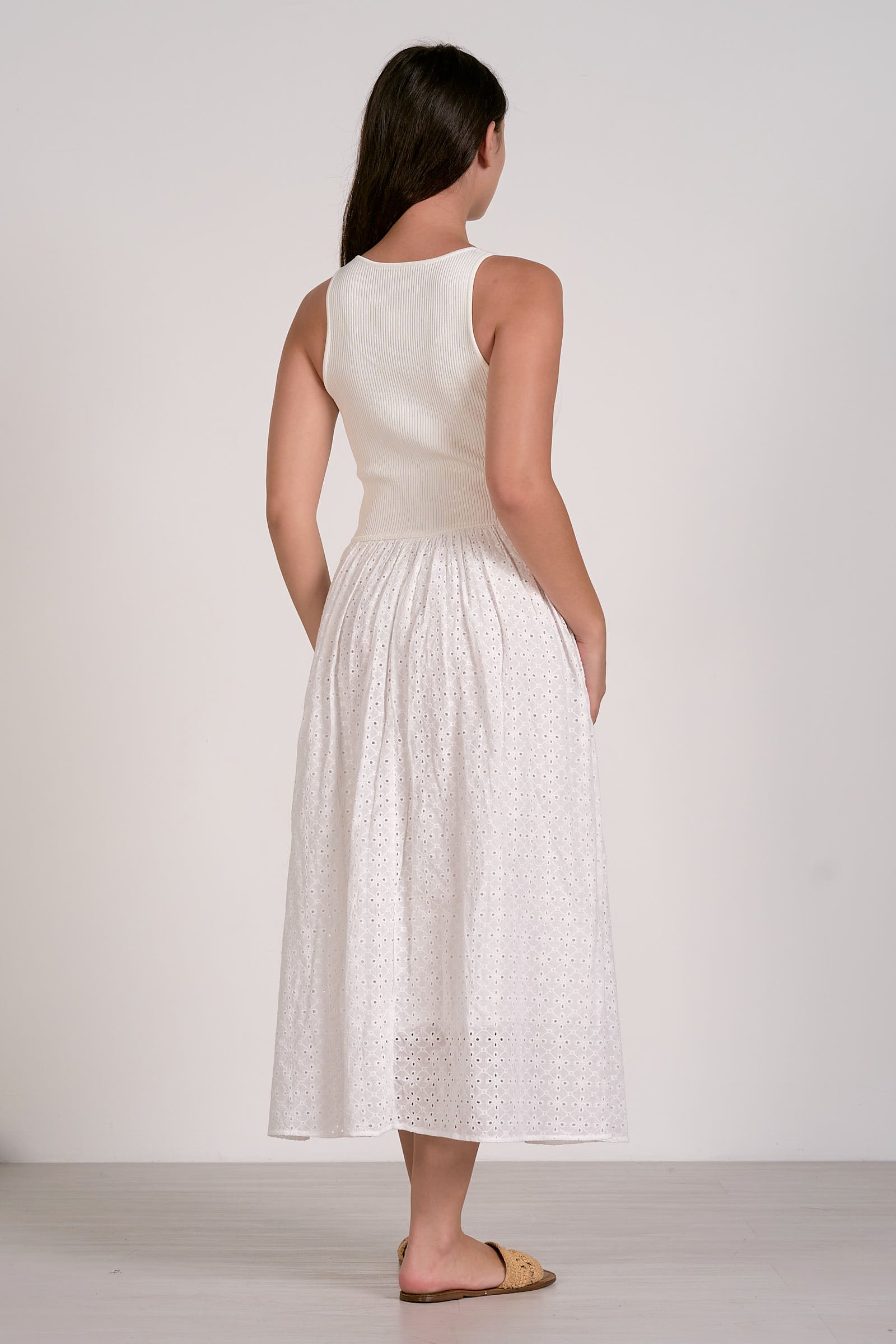 back of white summer dress midi length eyelet detail