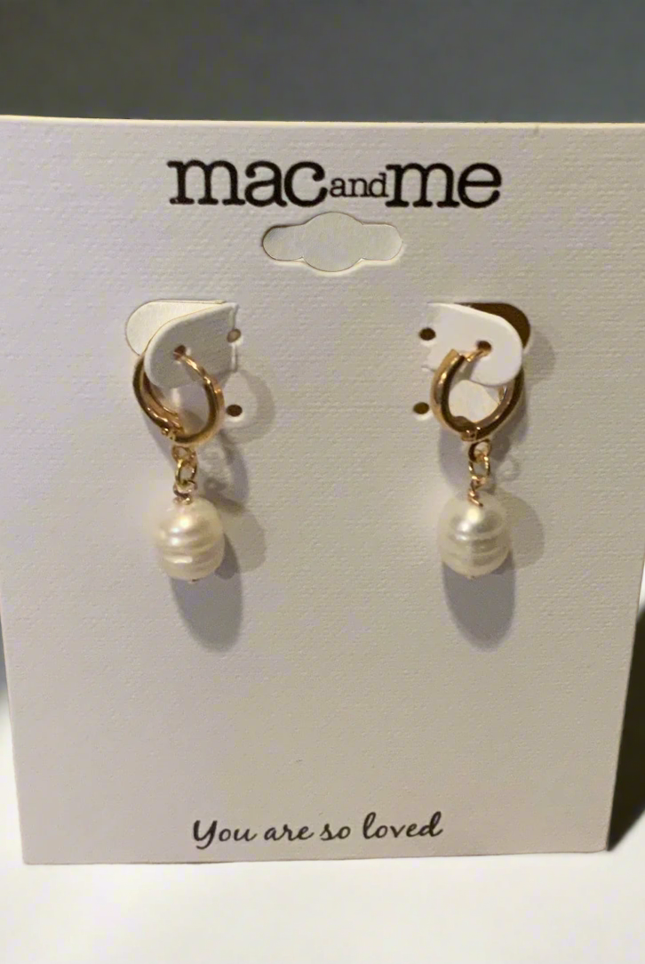 Mac and Me freshwater pearl huggie earrings with wrapped wire detail in gold