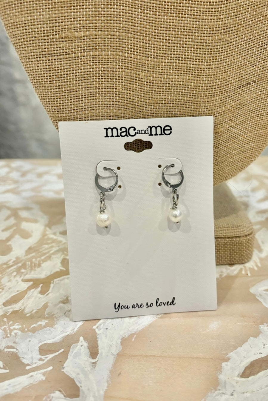 Mac and Me freshwater pearl huggie earrings with wrapped wire detail in silver