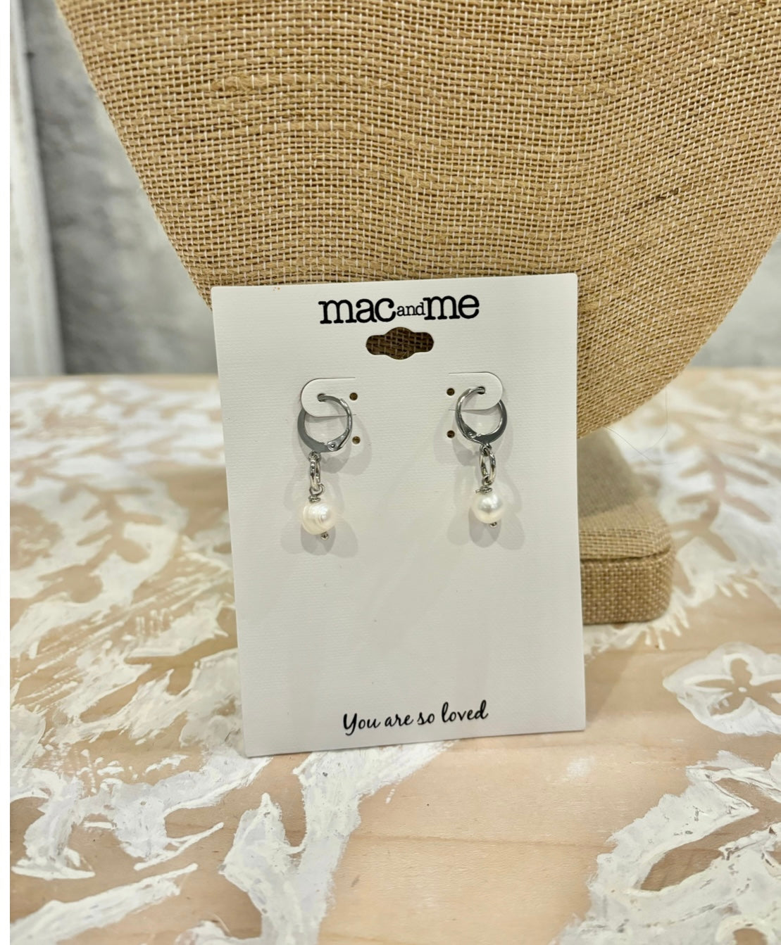 Mac and Me freshwater pearl huggie earrings with wrapped wire detail in silver
