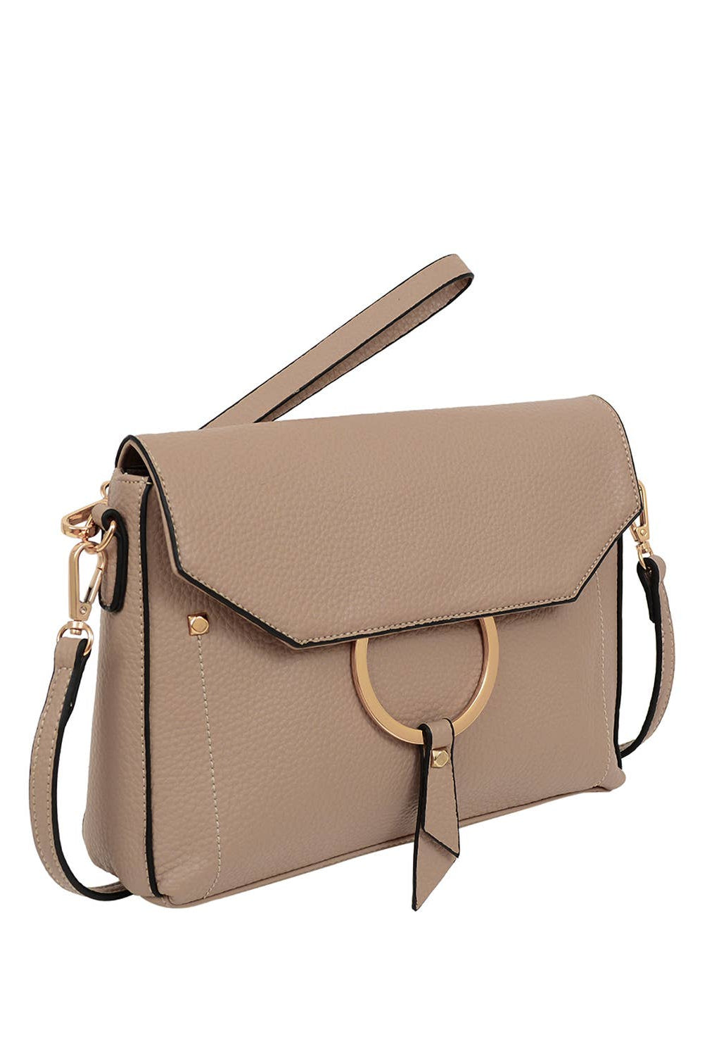 Side look at the slim Portia Crossbody in latte vegan leather with gold hardware and removable strap