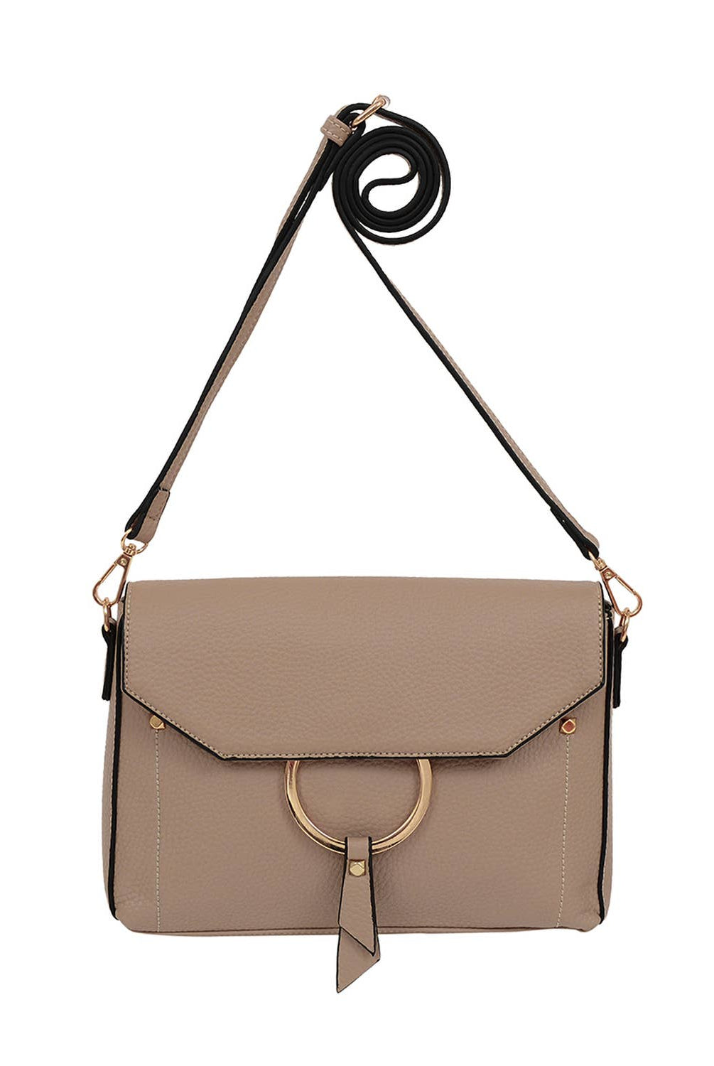 Portia Crossbody in latte vegan leather with gold hardware and removable shoulder and wristlet straps