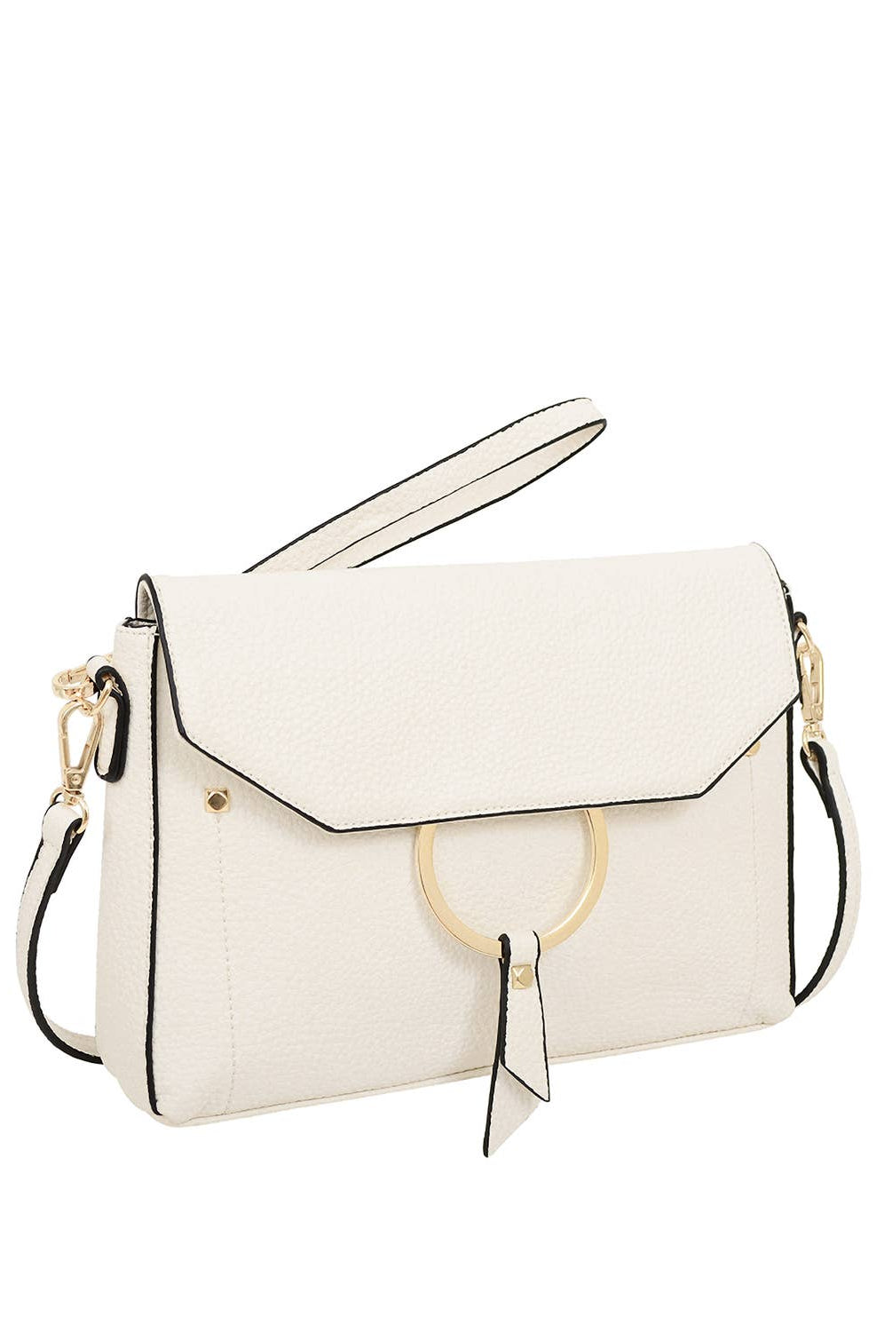 Side view of the slim Portia Crossbody in white vegan leather with champagne gold hardware — Mainstream Boutique Bloomington