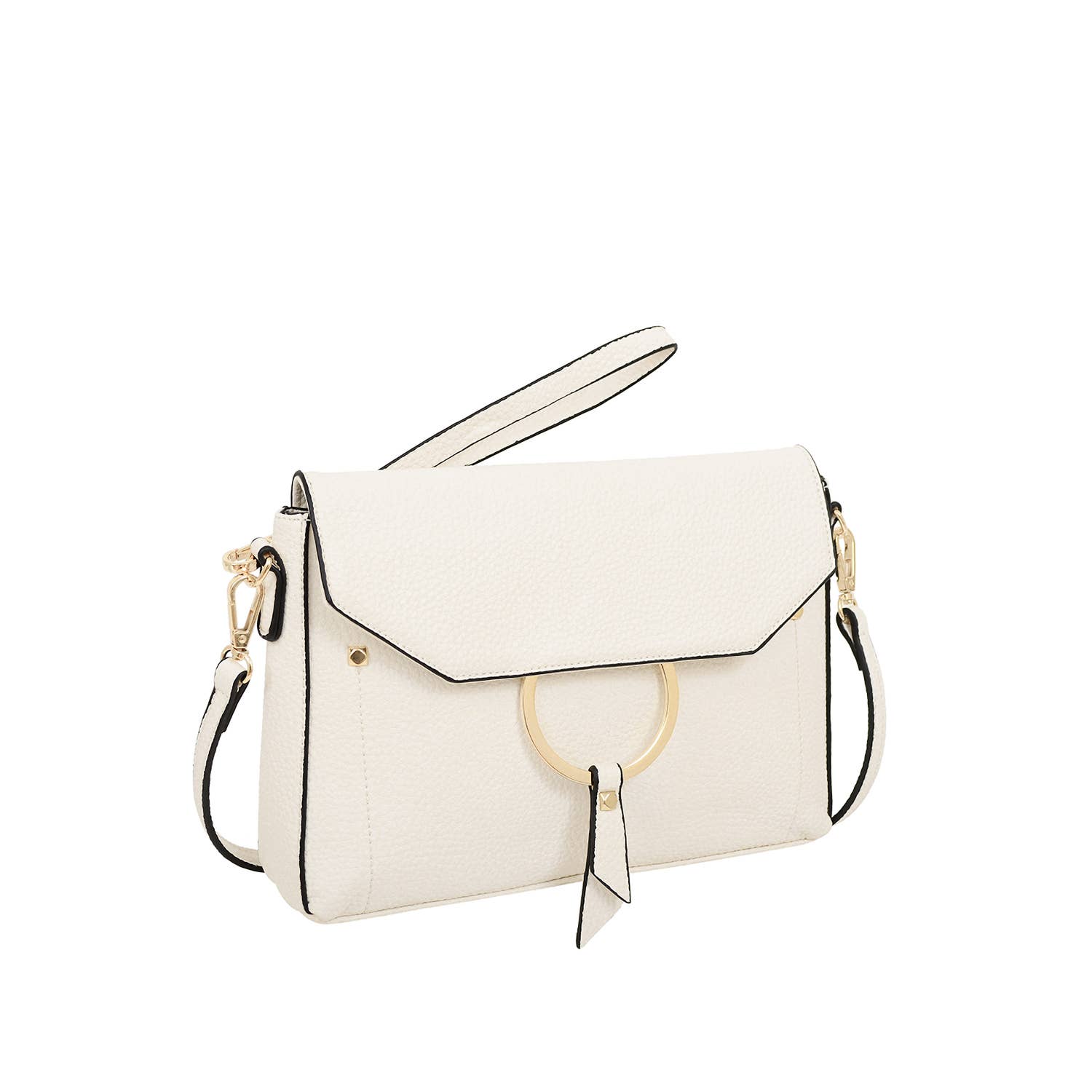 Side view of the slim Portia Crossbody in white vegan leather with champagne gold hardware — Mainstream Boutique Bloomington