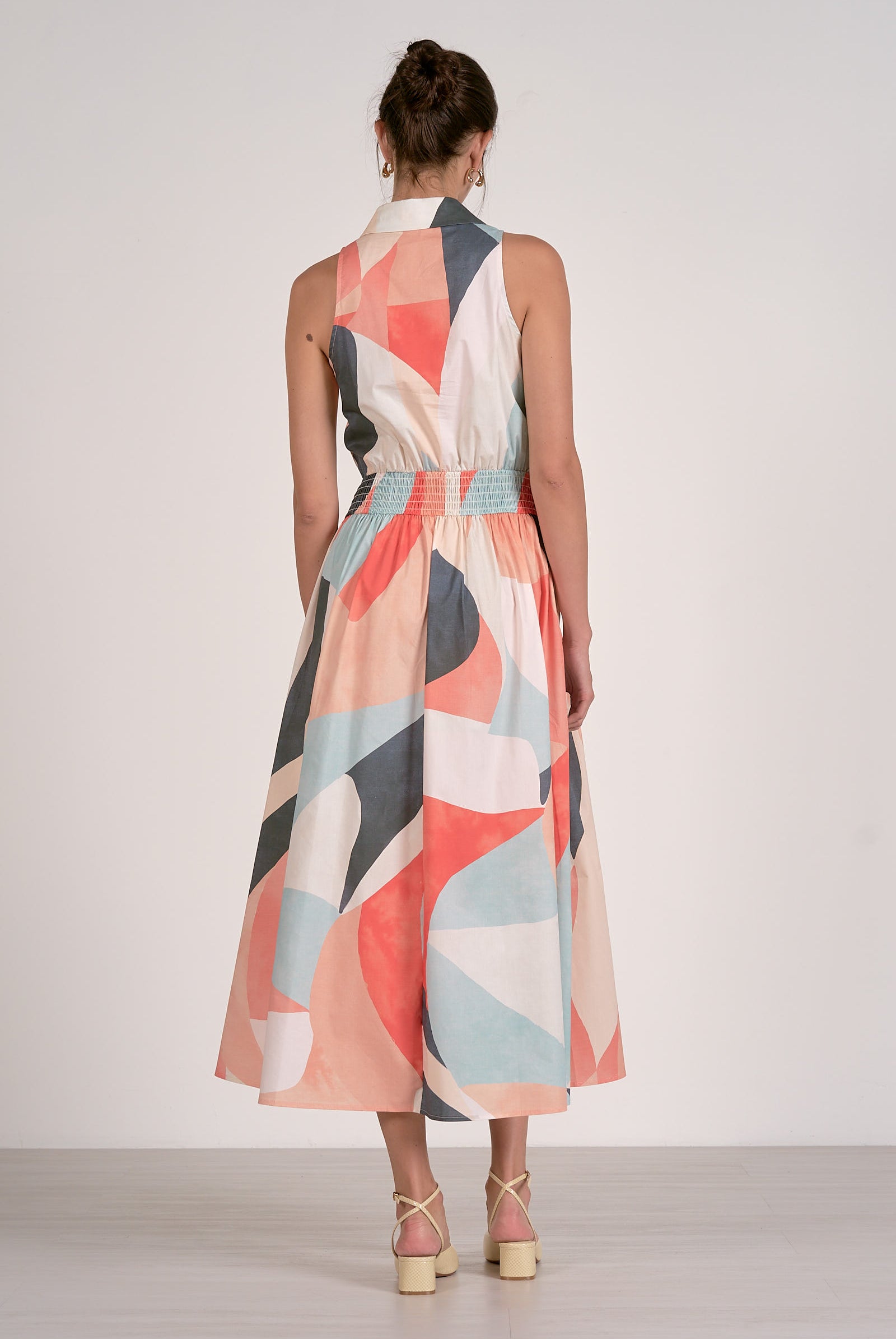 back view of the prism print collared midi to maxi dress